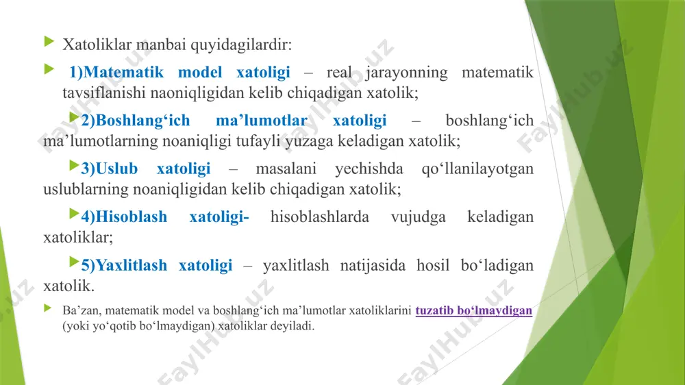 y xatolik yetarlicha katta bo‘lishi mumkin. ko‘paytma xatoligi. 1.2–teorema. noldan farqli taqribiy sonlar ko‘paytmasining nisbiy xatoligi, shu sonlarning nisbiy xatoliklari yig‘indisidan katta emas. isbot. u = x1 . x2 ….. xn bo‘lsin. qulaylik uchun berilgan taqribiy sonlar musbat deylik. u holda, quyidagiga ega bo‘lamiz: lnu = lnx1 + lnx2 + … + lnxn. dlnx » dlnx = taqribiy formulani qo‘llab, ni hosil qilamiz. oxirgi ifodani absolyut kattalik bo‘yicha baholasak: hosil bo‘ladi yoki d(u) £ d(x1) + d(x2) + … + d(xn). (1.7) natija: ko‘paytmaning chegaraviy nisbiy xatoligi uchun taqribiy sonlarning chegaraviy nisbiy xatoliklari yig‘indisini olish mumkin, ya’ni eu = ex1 + ex2 + … + exn. (1.8) bo‘linmaning xatoligi. 1.3–teorema. bo‘linmaning nisbiy xatoligi bo‘linuvchi va bo‘luvchilarning nisbiy xatoliklari yig‘indisidan katta emas. bo‘lib, bu yerdan yoki d(u) £ d(x1) + d(x2) bo‘ladi. natija: bo‘linmaning chegaraviy nisbiy xatoligi uchun bo‘linuvchi va bo‘luvchining chegaraviy nisbiy xatoliklari yig‘indisini olish mumkin: hu = hx1 + …