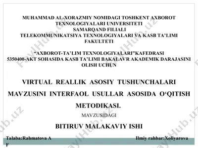 virtualreallikasosiy tushunchalari mavzusini interfaol usullar asosida o‘qitish metodikasi — PPT