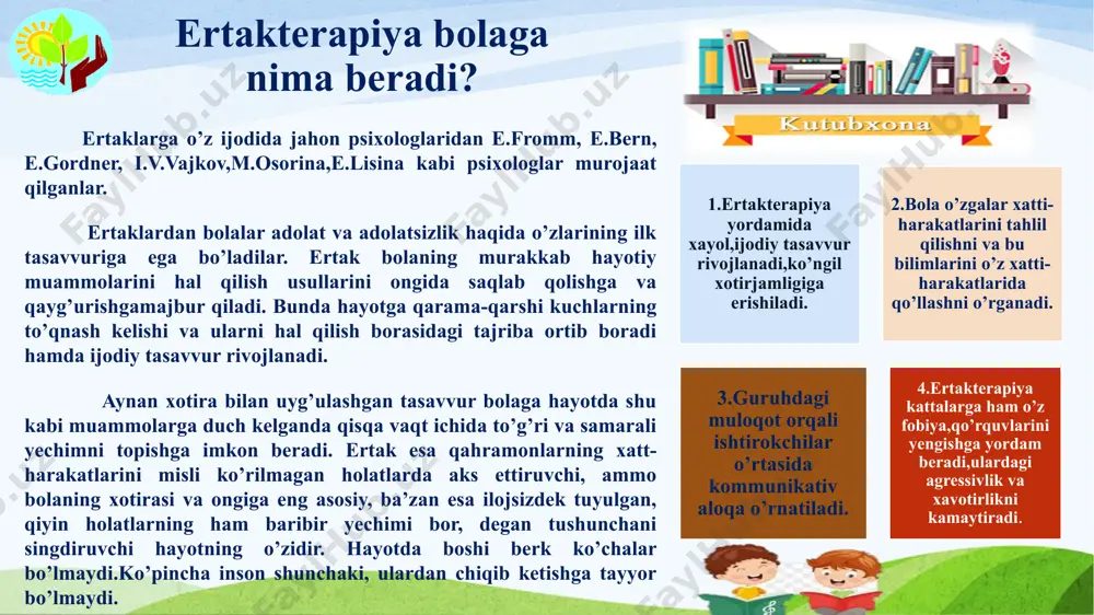 rtaklarni taklif qilish mumkin. ota-onalarga maslahatlar: 1. ota-onalar farzandiga ertakni o’qib emas,balki aytib bersalar maqsadga muofiqdir.chunki bu ota-onaga dilbandining ertakga qanday munosabat bildirganligini kuzatish imkonini beradi. qolaversa, ota-ona farzandi bilan birgalikda ertaklar olamiga sayr qiladi, bu esa bolaning unga yolg’iz sayohatidan ko’ra avzaldir. 2 .bolalar o’zgalar tomonidan tasvirlangan obrazlarni yaxshiroq qabul qilish qobiliyatiga ega.shuning uchun farzandingizga ertak aytib berish chog’ida unda yozilgan barcha manzaralarni tasvirlab berishga harakat qiling. ota-onalarga maslahatlar: 3. bolangizga ertakni o’zi tanlash imkonini bering.agar u o’n martalab ,,qizil qalpoqcha’’ haqida eshitishni xoxlasa,demak bu bekorga emas.bu ertak uning ongi shakllanishiga nimadir bermoqda,unda qandaydir jarayon sodir bo’lmoqda. 4. muhim bo’lgan yana bir qoida – bolaga ertaning chuqur ma’nosini tushuntirib bermaslik karak.aks holda ertak o’ladi - o’z ahamiyatini yo’qotadi va undan hech qanday naf bo’lmaydi. 5. xalq ertaklariga iloji boricha tuzatish va o’zgartirishlar kiritmaslik kerak,aynisa real hayot bilan bog’liq bo’lgan.bu o’zgartirishlar bolaning ertaklar olamini qabul qilishida qiyinchilik tug’diradi. ertakterapiyaning maqsadi …