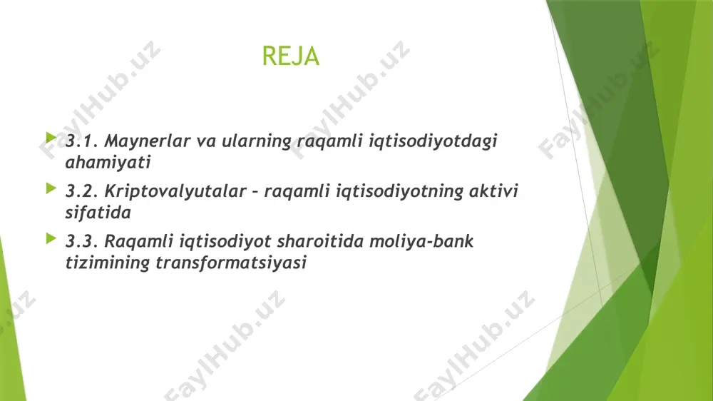 si 2008-yilda dunyoga kelgan. nature jurnali muharriri klifford linch dunyo ma'lumotlar hajmining juda tez sur'atda o'sishiga bag'ishlangan maxsus sonida big data atamasini qo'llagan. biroq, katta ma'lumotlar avval ham bo'lgan. mutaxassislarning fikricha, kuniga 100 gb dan ko'p ma'lumot tushadigan oqimlarga big data deb aytilar ekan. dunyoda raqamlangan ma'lumotlar hajmi #ekponent bo'yicha o'sib bormoqda. ibs kompaniyasining ma'lumotlariga qaraganda, 2003-yilda 5 eksabayt(1 eksabayt - 1 milliard gigabayt) ma'lumot yig'ilgan ekan. 2008-yilda u 0.18 zettabayt(1 zettabayt = 1024 eksabayt) gacha, 2011-yilga kelib 1.76 zettabayt, 2013-yilda 4.4 zettabaytgacha yetibdi. 2015-yilning mayida dunyoda yig'ilgan raqamlanga ma'lumotlar hajmi 6.5 zettabaytdan oshib ketibdi. 2020-yilga kelib insoniyat 40-44 zettabayt raqamli ma'lumot hosil qilar ekan. blockchain blockchain so'zini tarjima qilsak blocklar ketmaketligi degan manoni beradi. blockchainning asosiy ustinligi ham mana shunda. malumotlarni ketma ket ravishda saqlash. har bir block o'zida 3 hil malumot saqlaydi: blockning hash kodini undan oldingi blockning xesh kodini tranzaksiyalarni https://www.blockchain.com/ru/# https://bitcoin.org/ru/ https://miner-world.ru/products https://trustwallet.com/ru/ кошелок https://www.nicehash.com/ schot …