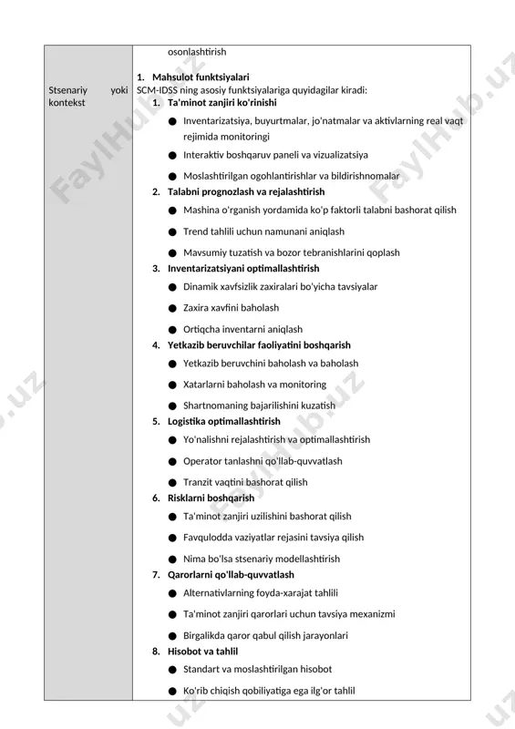 htirish · mashina o'rganish yordamida ko'p faktorli talabni bashorat qilish · trend tahlili uchun namunani aniqlash · mavsumiy tuzatish va bozor tebranishlarini qoplash 3. inventarizatsiyani optimallashtirish · dinamik xavfsizlik zaxiralari bo'yicha tavsiyalar · zaxira xavfini baholash · ortiqcha inventarni aniqlash 4. yetkazib beruvchilar faoliyatini boshqarish · yetkazib beruvchini baholash va baholash · xatarlarni baholash va monitoring · shartnomaning bajarilishini kuzatish 5. logistika optimallashtirish · yo'nalishni rejalashtirish va optimallashtirish · operator tanlashni qo'llab-quvvatlash · tranzit vaqtini bashorat qilish 6. risklarni boshqarish · ta'minot zanjiri uzilishini bashorat qilish · favqulodda vaziyatlar rejasini tavsiya qilish · nima bo'lsa stsenariy modellashtirish 7. qarorlarni qo'llab-quvvatlash · alternativlarning foyda-xarajat tahlili · ta'minot zanjiri qarorlari uchun tavsiya mexanizmi · birgalikda qaror qabul qilish jarayonlari 8. hisobot va tahlil · standart va moslashtirilgan hisobot · ko'rib chiqish qobiliyatiga ega ilg'or tahlil · eksport va almashish funksiyalari 2. foydalanuvchi xususiyatlari tizim turli xil texnik tajribaga, mas'uliyatga va tizimdan foydalanish …