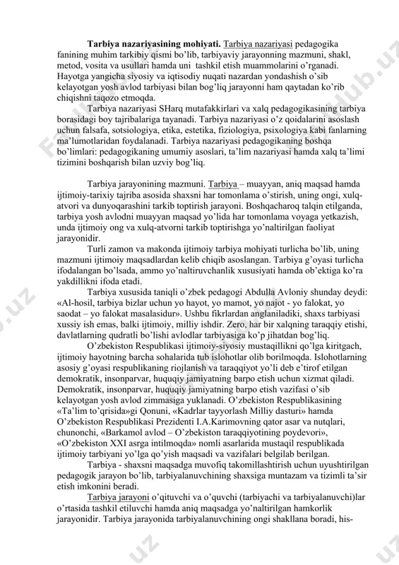 yatini pedagogik jihatdan to’g’ri uyushtirish g’oyat muhimdir. faoliyat jarayonida bola tashqaridan kelayotgan tarbiyaviy ta’sirlarga nisbatan ma’lum munosabatda bo’ladi. bu munosabat shaxsning ichki ehtiyoj va xohishlarini ifodalaydi. psixolog va pedagoglarning tadqiqotlari shaxsga tashqi omillarning (xoh salbiy, xoh ijobiy) ta’siri bolaning ularga munosabatiga bog’liqligini ko’rsatadi. bola faoliyatini uyushtirishgina emas, balki tarbiyalanuvchining bu faoliyatga nisbatan turli kechinmalarni qanday anglashi, baholashi, his qilishi, ulardan o’zi uchun nimalarni olayotganligini bilishi zarur. zero, tarbiya ijtimoiy munosabatlarning murakkablashib borishi asosida kechadi. tarbiya jarayonida o’quvchining ongigina emas, balki his-tuyg’ularini ham o’stirib borish, unda jamiyatning shaxsga qo’yadigan axloqiy talablariga muvofiq keladigan xulhiy malaka va odatlarini hosil qilish lozim. bunga erishish uchun o’quvchining ongi, hissiyoti va irodasiga ta’sir etib boriladi. agar bularning birortasi e’tibordan chetda qolsa, maqsadga erishish qiyinlashadi. tarbiya jarayoniga o’qituvchi rahbarlik qiladi. u o’quvchilar faoliyatini belgilaydi, ularning ijtimoiy jarayonda ishtirok etishlari uchun shart-sharoit yaratadi. ijtimoiy jarayonda faol ishtirok etish orqali o’quvchilarning mustaqilligi, ijodiy tashabbuskorligi ortib boradi. faoliyat o’quvchilar …