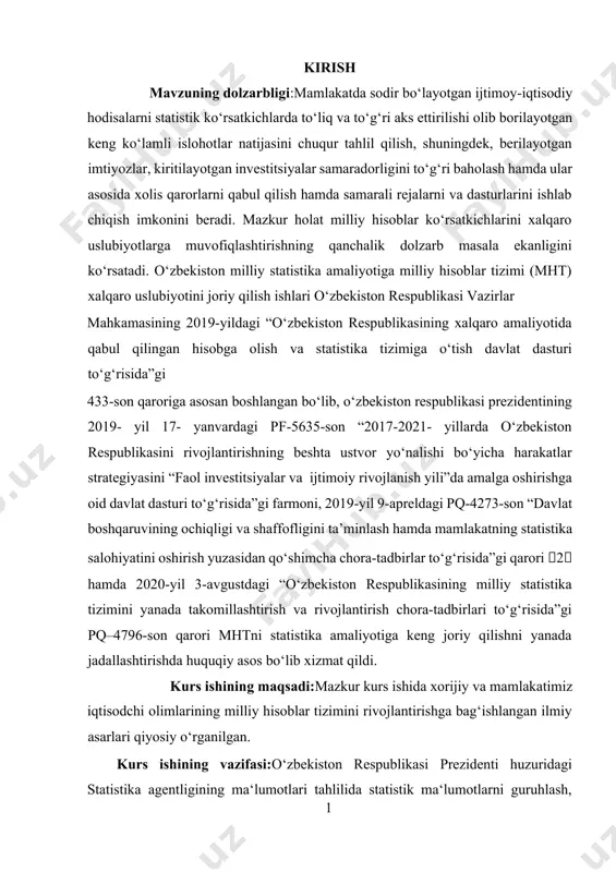 -4273-son “davlat boshqaruvining ochiqligi va shaffofligini ta’minlash hamda mamlakatning statistika salohiyatini oshirish yuzasidan qo‘shimcha chora-tadbirlar to‘g‘risida”gi qarori 2 hamda 2020-yil 3-avgustdagi “o‘zbekiston respublikasining milliy statistika tizimini yanada takomillashtirish va rivojlantirish chora-tadbirlari to‘g‘risida”gi pq–4796-son qarori mhtni statistika amaliyotiga keng joriy qilishni yanada jadallashtirishda huquqiy asos bo‘lib xizmat qildi. kurs ishining maqsadi:mazkur kurs ishida xorijiy va mamlakatimiz iqtisodchi olimlarining milliy hisoblar tizimini rivojlantirishga bag‘ishlangan ilmiy asarlari qiyosiy o‘rganilgan. kurs ishining vazifasi:o‘zbekiston respublikasi prezidenti huzuridagi statistika agentligining ma‘lumotlari tahlilida statistik ma‘lumotlarni guruhlash, solishtirma tahlil, tanlanma kuzatuv usullaridan foydalanildi. tadqiqot metodoligasi sifatida adabiyotlar qiyosiy tahlili, mantiqiy va tarkibiy tahlil qilish, guruhlashtirish va quyosiy taqqoslash usullaridan foydalanildi. kurs ishining tashkiliy tuzilmasi:ushbu kurs ishi 2 ta bob,6 ta paragrf,xulosa va foydalanilgan adabiyotlardan iborat. i.bob. milliy iqtisodiyot va uning mikroiqtisodiy ko'rsatkichlari. 1.1. milliy iqtisоdiyotning qarоr tоpishi va uning makrоiqtisоdiy ko’rsatkichlari. mazkur mavzudan bоshlab iqtisоdiy munоsabatlar makrоiqtisоdiy darajada tahlil qilinadi. dastlab milliy iqtisоdiyot va uning makrоiqtisоdiy ko’rsatkichlariga tavsif …