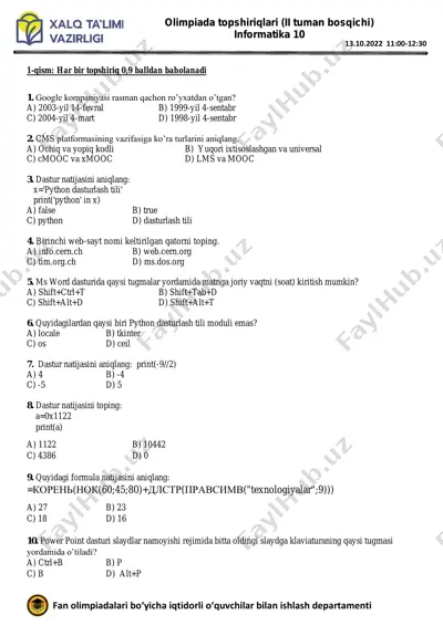 olimpiada topshiriqlari (ii tuman bosqichi) — PDF