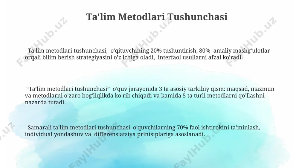 an'anaviy yondashuvlarda, baholash asosan yakuniy imtihonlar orqali amalga oshirilib, talabalarning 30% dan kamrog'i o'zlashtirish darajasini doimiy monitoring qilinadi. e'tiboringiz uchun rahmat @taqdimot_robot image1.png
