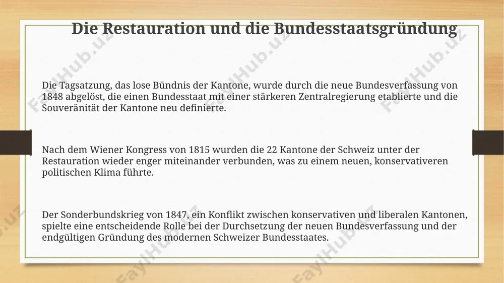chen gleichstellung. die schweizer bundesverfassung von 1848, ein meilenstein der föderalisierung, legte die grundlage für den modernen schweizer bundesstaat und beschränkte die kantonshoheit zugunsten zentraler strukturen. der erste weltkrieg (1914-1918) bewahrte die schweiz trotz ihrer geographischen lage zwischen den kriegsparteien ihre neutralität, was zu wirtschaftlichem wachstum und einer stärkung des nationalen selbstbewusstseins führte. die helvetische republik und die napoleonische zeit die helvetische republik, 1798 gegründet, war ein französisch beeinflusster einheitsstaat, der die bestehenden kantonalen strukturen weitgehend abschaffte und ein zentralisiertes regierungssystem etablierte. napoleon bonaparte löste 1803 die helvetische republik auf und führte mit der mediationsakte eine neue, föderalistischere verfassung ein, die 19 kantone umfasste. die napoleonische zeit brachte bedeutende reformen mit sich, wie die einführung des zivilgesetzbuches und die abschaffung feudaler strukturen, welche die entwicklung der modernen schweiz prägten. das heilige römische reich und die eidgenossenschaft trotz der formalen zugehörigkeit zum reich genossen die eidgenossen weitreichende selbstverwaltungsrechte, was zu konflikten …