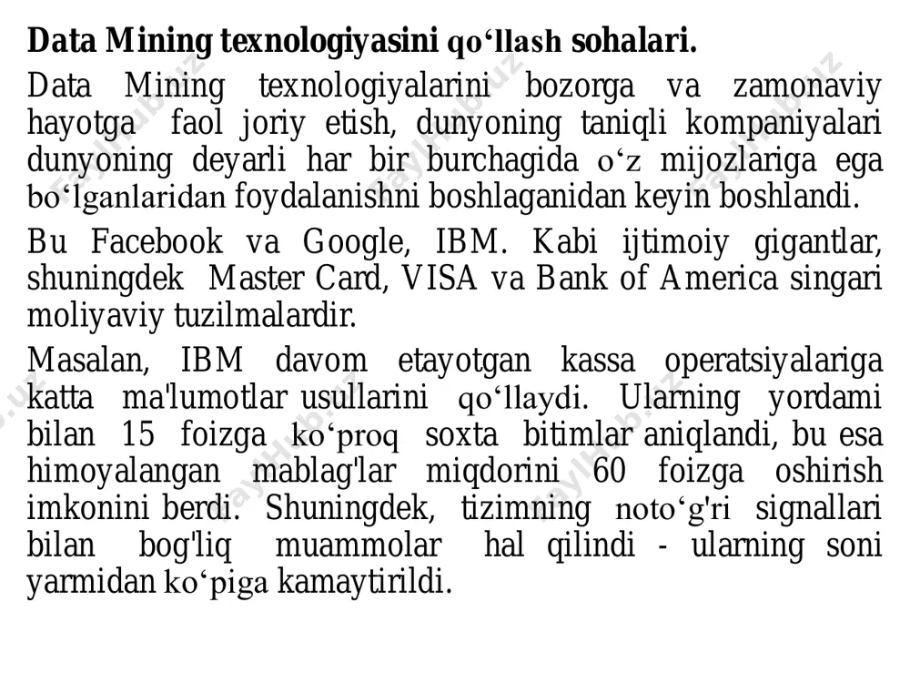 a'lumotlar. katta ma'lumot texnologiyalaridan moliya, sotsiologik tadqiqotlar va boshqa ko„plab sohalarda samarali foydalanish mumkin. mutaxassislarning ta 'kidlashicha, katta ma'lumotlardan foydalanishning barcha imkoniyatlari bu aysbergning ko„rinadigan qismidir, chunki bu texnologiyalar katta hajmlarda razvedka va kontrrazvedkada, harbiy ishlarda, shuningdek, axborot urushi deb ataladigan barcha narsalarda qo„llaniladi. umuman olganda, big data bilan ishlashning ketma- ketligi ma'lumotlarni to„plash, hisobotlar va boshqaruv paneli yordamida olingan ma'lumotlarni tuzish, shuningdek harakatlar bo„yicha tavsiyalarni shakllantirishdan iborat. ko„pgina tadqiqotchilarning fikriga ko„ra, trump saylov kampaniyasining muvaffaqiyati big data-ni segmentatsiyalash va undan foydalanish bilan bog'liq. aqshning bo„lajak prezidentining jamoasi auditoriyani to„g'ri taqsimlay oldi,uning xohish-istaklarini tushundi va saylovchilar ko„rishni va eshitishni istagan xabarni aniq ko„rsatdi. shunday qilib, data-centric alliance vakili irina belyshevaning so„zlariga ko„ra, trumpning g'alabasi katta ma'lumotlar, psixologik va xulq-atvor tahlillari va shaxsiy reklamalarga asoslangan internet-marketingga nostandart yondashuv tufayli mumkin bo„ldi. trumpning siyosiy strateglari va sotuvchilari maxsus ishlab chiqilgan matematik modeldan foydalandilar, bu bizga aqshning barcha saylovchilarining ma'lumotlarini ularni tizimlashtirish uchun …