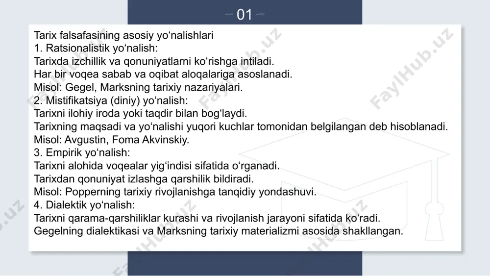 amalga oshadi. 2. madaniy sharoitlar har bir davrning madaniy qadriyatlari va dunyoqarashi voqealarga o‘z ta’sirini o‘tkazadi. masalan, uyg‘onish davridagi falsafiy fikrning shakllanishida san’at va ilm-fanning o‘rni katta bo‘lgan. 3. geosiyosiy sharoitlar hududiy joylashuv, resurslar va tabiiy sharoitlar ham tarixiy voqealarga ta’sir qiladi. misol: buyuk geografik kashfiyotlar g‘arb davlatlarining iqtisodiy va siyosiy kuchayishiga olib kelgan. xulosa tarixiy voqealar va sharoitlarning falsafiy tushuntirilishi insoniyat tarixini chuqurroq anglash, uning rivojlanish qonuniyatlarini aniqlash va jamiyatning kelajagi uchun foydali xulosalar chiqarish imkonini beradi. turli falsafiy yondashuvlar – deterministik, ilohiy, irratsionalistik, ekzistensial va boshqa usullar – tarixiy jarayonlarning sabablarini turli nuqtai nazardan yoritadi. bu yondashuvlar: sabab-oqibat aloqalarini tahlil qilish orqali tarixiy voqealarni chuqurroq tushuntirishga yordam beradi. inson va jamiyatning o‘rnini anglashga imkon yaratadi. turli sharoitlarning (iqtisodiy, madaniy, texnologik) ta’sirini aniqlashga yordam beradi. natijada, tarix falsafasi insoniyat tajribasini umumlashtirib, jamiyatning ma’naviy, axloqiy va intellektual taraqqiyotiga yo‘l ko‘rsatuvchi nazariy asos sifatida xizmat qiladi. falsafiy tahlil tarixni faqat o‘tgan …