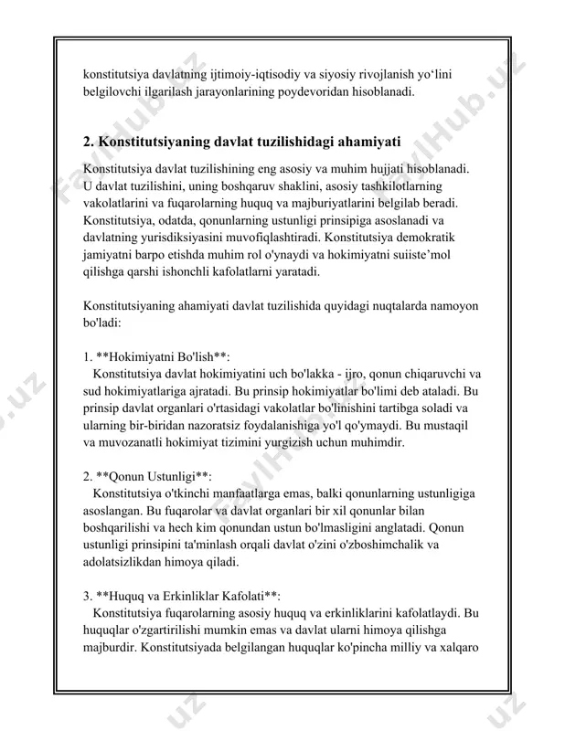 ojlanishi va jahon hamjamiyatidagi obro'sini mustahkamlashda muhim omil hisoblanadi. 3. konstitutsiyaning huquqiy ustunligi 3. konstitutsiyaning huquqiy ustunligi juda muhim mavzu bo‘lib, u davlatning huquqiy tizimida konstitutsiyaning qanday o‘rinni egallashini ko‘rsatib beradi. konstitutsiya davlatning asosiy qonuni hisoblanadi va unda davlatning asosiy huquqiy tamoyillari, fuqarolarning huquqlari va erkinliklari, davlat boshqaruv tizimi hamda boshqa ko‘plab masalalar belgilangan. konstitutsiyaning huquqiy ustunligi bir necha elementlarga ega. birinchidan, konstitutsiya barcha qonunlar, qarorlar va boshqa normativ-huquqiy hujjatlar uchun asos bo‘ladi. boshqacha aytganda, konstitutsiyaga zid bo‘lgan hech bir hujjat yoki qaror qabul qilinishi yoki amalga oshirilishi mumkin emas. bunga misol sifatida o‘zbekiston respublikasining konstitutsiyasini keltirish mumkin. o‘zbekiston konstitutsiyasi 1992-yil 8-dekabrda qabul qilingan va u davlatning huquqiy tizimida eng yuqori kuchga ega hujjat hisoblanadi. ikkinchidan, konstitutsiyaviy nazorat mavjud bo‘lib, u konstitutsiyaga zid bo‘lgan normativ-huquqiy hujjatlarni bekor qilish imkoniyatini beradi. o‘zbekiston konstitutsiyasi 16-bo‘lim, 108-moddasiga muvofiq, o‘zbekiston respublikasi konstitutsiyaviy sudi konstitutsiyaviy nazoratni amalga oshiradi. konstitutsiyaning huquqiy ustunligini ta’minlashda konstitutsiyaviy sud muhim …