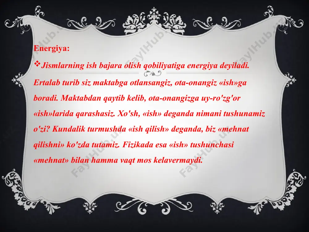 yopiq sistemada to'la energiya saqlanadi. hali tabiatda energiyaning saqlanish qonuni bajarilmagan jarayon ma'lum emas. demak tabiatda barcha borliq bir biriga uzviy bog`langan bo`ladi quyosh elektr kimyoviy issiqlik yadro tebranish tovush mexanik bilimingizni sinab ko`ring ep= ek= et= ep= ek= et= v= ep= ek= et= v= h= e’tiboringiz uchun raxmat image3.png image4.jpeg image5.png image6.gif image7.png image8.png image9.png image10.png image11.png image12.png image13.png image14.png image15.png image16.png image17.png image22.wmf image23.png image24.png image25.jpeg image18.wmf image19.wmf image20.wmf image21.wmf image26.jpeg image27.jpeg image2.png /docprops/thumbnail.jpeg