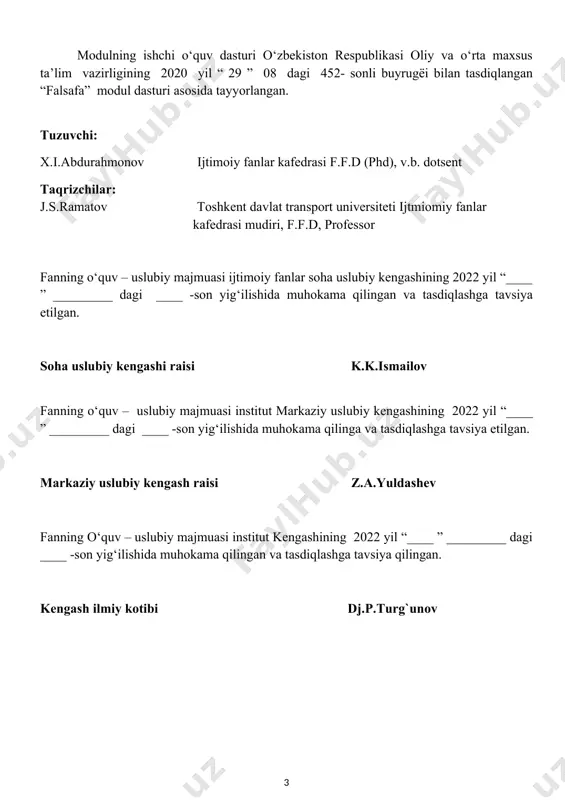 nsoniyatning bir necha ming yillik tarixiy taraqqiyoti davomida yaratilgan ilm va madaniyatning ajralmas tarkibiy qismidir. inson bor ekan, olam va odam nima, ular qanday paydo bo’lgan, voqelik qanday qonuniyatlar asosida yashaydi, o’zgaradi va taraqqiy etadi, umrning mazmuni nimadan iborat, kabi masalalar barchani o’ylantiradi. falsafa ana shunday masalalar bilan shug’ullanadi. falsafaning asosiy vazifasi inson onggida sog’lom aqlga mos dunyoqarashni shakllantirishdan iborat. falsafa fanining dolzarbligi bugungi globallashuv davrida ma’naviyat sohasida vujudga kelayotgan dolzarb muammolarni hal etish, xalqimiz ma’naviy me’rosini asrash va yanada yuksaltirish, yoshlarning falsafiy tafakkurini shakllantirish, ongini turli zararli g‘oyalardan saqlash, ularni falsafiy bilimlar bilan qurollantirish zarurligi bilan belgilanadi. ushbu fan barcha bakalavriat ta’lim yo‘nalishlarida o‘tilishi belgilangan bo‘lib, o‘zida turli davrlarning ijtimoiy-siyosiy, ma’naviy qarashlarini mujassamlashtirib, voqea va hodisalarning mohiyatini anglashni, unga munosabat bildirishni shakllantiradi hamda analitik, sintetik, kreativ tafakkurni hosil qiladi. i. o'quv materiallari 1-mavzu: falsafa fani predmeti, maqsadi vazifalari, borliq falsafasi. reja: 1. falsafa tushunchasining kelib chiqishi. 2. dunyoqarash tushunchasi, …