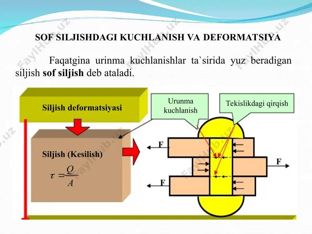 adilar. bu holat parchin materialning plastikligi va zaklepkalar bilan listlar orasidagi tirqishlar hisobiga yuklanishning tekislanishi bilan tushuntiriladi. uchinchidan, parchinlar va boltlarning qirqilish yuzasida urinma kuchlanishlar tekis taqsimlanadilar deb qabul qilinadi. aslida bunday bo’lmasada, plastik deformatsiyalar hisobiga yemirilish paytida kuchlanishlar taqsimlanishi tekislashadi. parchinlarning qirqilishga mustahkamlik sharti bu yerda d - tutashtiriluvchi list qalinligi bo’lib, ustma -ust qo’yib ulashda d=t, uchma - uch qo’yib ulashda agar t 2t1 bo’lgan holda d=2t1 qilib olinadi. ezilish uchun ruxsat etilgan kuchlanish [sez]=(2...2,5)[sch]. payvand birikmalar uchun mustahkamlik sharti ko’rinishga ega. bu yerda l - payvand chok uzunligi. payvand chokning qanday joylashishidan qat’iy nazar uning xavfli kesimi uchburchak ko’rinishidagi payvand chokning bissektrisa tekisligi bilan mos bo’ladi. shuning uchun xavfli kesim yuzasi 0,10tl ga teng. amalda payvand chok uchun ruxsat etilgan kuchlanish payvandlanayotgan material uchun cho’zilishdagi ruxsat etilgan kuchlanishning 50...100 foizi qadar belgilanadi, ya’ni [tchok]=(0,5...0,10)[sch] (15.12) bundan tashqari payvand chokning loyiha uzunligi hisob uzunlikka nisbatan 10 mm orttirib …