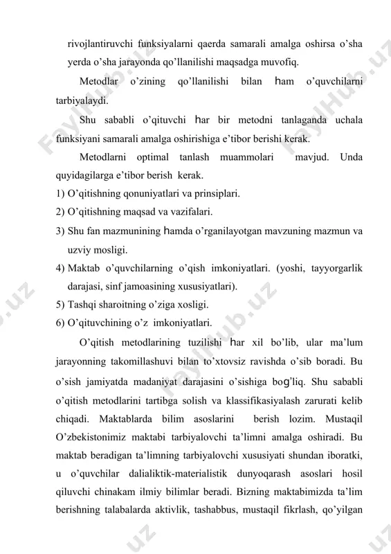 oratoriya tajribalarini ko’rsatib tushuntirib beradi. ilyustrativ metodda o’qituvchi ayrim amaliy mashg’ulotlarni bajarish texnikasi va metodikasini bajarish tartibini qo’llaganda ham foydalanadi. bu metod o’quvchilarda minimum bilimlar zapasi yig’ilgach kengroq qo’llaniladi. o’quvchilarda amaliy o’quv ko’nikmalarini shakllantirish, tajribalarni bajarib ko’rsatish texnikasini shakllantirishda m: probirkaga eritmani qo’yish, qoshiqchadagi eritmani bo’g’latish kabilarda tushuntirib ko’rsatish amalga oshiriladi. o’qitishning illyustrativ metodi - kimyo kursining boshlang’ich qismida ko’p qo’llanadi. bu davrda o’quvchilarda ko’nikma va malakalar yetarli bo’lmaydi. shu davrda o’qituvchi tajribalarni o’zi ko’rsatib tushintirib beradi. bu metoddan o’quvchilar tajribalarni mustaqil bajarib izohlab berishda ham keng foydalaniladilar. o’qitishning evristik metodi- o’quvchilarning o’zlari qiladigan ish asosida tuziladi, talabalar bevosita o’qituvchining faol ishtiroki ostida kashfiyot qiladilar. bu metodning «evristik» degan nomi «tadqiqot» metodi degan so’zdan kelib chiqqan. masalan, galogenlar xossalarining chog’ishtirma tavsifi mohiyatini aniqlashda qo’llaniladi. bu davrda o’quvchilar galogenlarning xossalarni chog’ishtirib izohlashini o’qituvchi tartibga solib turadi. masalan, kaliy yodid eritmasiga kraxmal kleystrini qo’ysak rang sezilmaydi, alohida xlorli suvga kraxmal kleystrini qo’shsak …