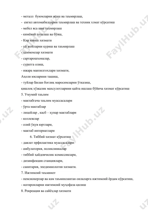 алга ошириш, - санаториялар, профилакториялар ва дам олиш уйларида яшаш, даволаш ва бошқа хизматлар кўрсатиш. 9.аҳолининг маданий эҳтиёжларига хизмат кўрсатиш - томоша кўрсатувчи муассасалар хизмати - мусиқий, бадиий ва хореография мактаблари хизмати - маданият ва истирохат боғлари хизмати - клуб муассасалари хизмати, - кутубхоналар хизмати - ҳайвонот боғлари хизмати 10. кредит суғурта хизмати - жамғарма кассалари хизмати - суғурта хизмати, - қимматбаҳо қоғозлар ва бюмлар сақлаш - омонатлар қўйиш, 11. ҳуқуқий тавсифдаги хизматлар - нотариал идоралар хизмати - ҳуқуқий маслаҳатхоналар - жамоат тартибини сақлаш 12. жисмоний тарбия ва спорт - жисмоний тарбия ва спорт билан шуғулланиш, - спорт томоша тадбирлари - жисмоний тарбия ва спорт иншоатларин фойдаланишга бериш 13. алоқа хизмати кўрсатиш 14. транспорт хизмати кўрсатиш - шаҳар электр транспортида йўловчи ташиш. - автомабил транспортида йловчи ташиш - аҳолига пуллик транспорт хизмати кўрсатиш 15. бошқа хизматлар - уй – жойларни қўриқлаш хизмати - досааф тирлари хизмати - автомашиналарни бошқарига ўргатувчи …
