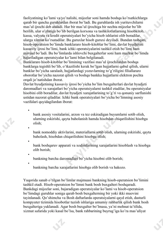 ankning hisob-operatsion bo’limiga yuklatilgan. hisob-operatsion bo’limi bank faoliyatining ko’lami va yo’nalishi, mijozlar soni hamda boshqa ko’rsatkichlarga qarab bir qancha guruhlardan iborat bo’ladi. bu guruhlarda ish yurituvchilarni mas’ul ijrochi deb ataladi. har bir mas’ul ijrochiga bir nechta mijozlar bo’lib berilib, ular o’zlariga bo’lib berilgan korxona va tashkilotlatlarning hisobkitob, kassa, valyuta va kredit operatsiyalari bo’yicha hisob ishlarini olib boradilar, ularga xizmat ko’rsatadilar. bu guruxlar hisob guruxi deyiladi. bundan tashqari, hisob-operatsion bo’limda banklararo hisob-kitoblar bo’limi, davlat byudjetini kassaviy ijrosi bo’limi, bank ichki operatsiyalarini tashkil etish bo’limi ham mavjud bo’ladi. bu bo’limlarda ishlovchi buxgalterlar soni ham mazkur bo’limda bajariladigan operatsiyalar ko’lami bilan belgilanadi. banklararo hisob-kitoblar bo’limining vazifasi mas’ul ijrochilardan boshqa banklarga tegishli bo’lib, o’tkazilishi kerak bo’lgan hujjatlarni qabul qilish, ularni banklar bo’yicha saralash, hujjatlardagi yozuvlarning to’g’riligini filiallararo oborotlar bo’yicha nazorat qilish va boshqa bankka hujjatlarni elektron pochta orqali jo’natishdan iborat. davlat byudjetining kassaviy ijrosi bo’yicha bo’lim buxgalterlari davlat byudjeti daromadlari va xarajatlari bo’yicha operatsiyalarni …