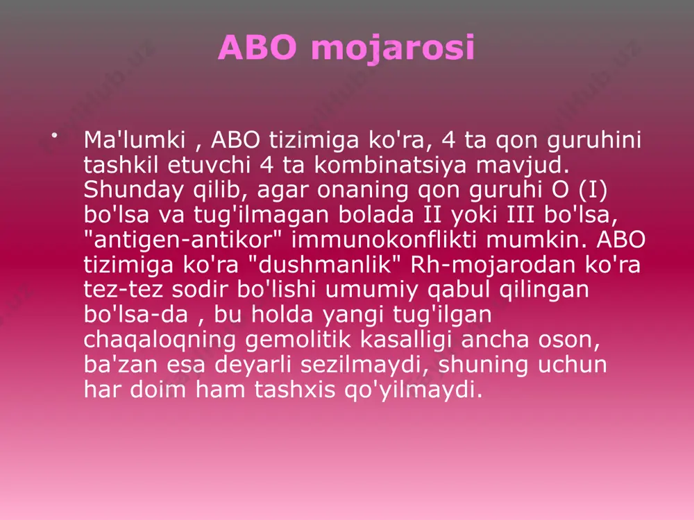 / l dan ortiq, jigar va taloq kattalashgan. og'ir shakli: bu kasallikning shishgan shaklini, bilirubin bilan miya yadrolariga zarar etkazish belgilarining mavjudligi, nafas olish buzilishi va yurak faoliyatini o'z ichiga oladi. tashxis mumkin bo'lgan immunitet to'qnashuvining antenatal (prenatal) diagnostikasi zarur. akusherlik-ginekologik va somatik tarix: tushishlar, o'lik tug'ilishlar, sariqlikdan tug'ilgandan keyingi birinchi kuni vafot etgan bolalar, rh omilini hisobga olmagan holda qon quyish. ona va otaning rh va qon guruhlarini aniqlash. agar homila ijobiy rh bo'lsa va ayol salbiy rh bo'lsa , u xavf ostida. shuningdek, i qon guruhi bo'lgan ayollar xavf ostida. trasabdominal homiladorlikning 34-haftasida amniosentez (diagnostik maqsadlarda amniotik suyuqlikni olish uchun qorin devori orqali homila qovuqni teshilishi), agar immunitet to'qnashuvi xavfi aniqlangan bo'lsa. amniotik suyuqlikdagi bilirubin, antikorlarning optik zichligini aniqlang. homiladorlik paytida ultratovush. xomilaning gemolitik kasalligi rivojlanishi bilan yo'ldoshning qalinlashishi, shish tufayli tez o'sishi, polihidramnioz (amniotik suyuqlikning haddan tashqari to'planishi), jigar va taloqning kengayishi tufayli homilaning qorin bo'shlig'ining kattalashishi …