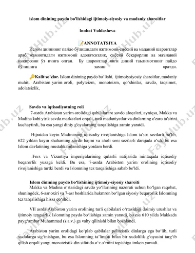 islom dinining paydo bo‘lishidagi ijtimoiy-siyosiy va madaniy sharoitlar — DOCX