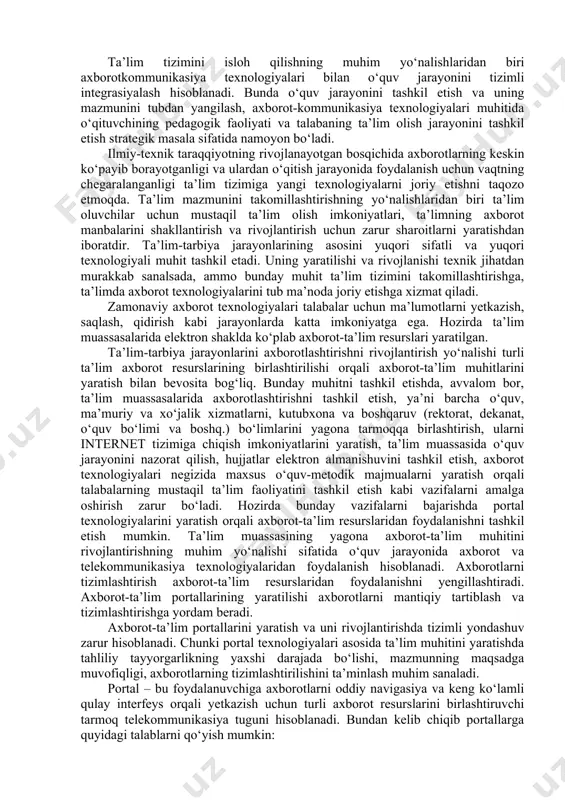manligi, amalga oshirilishi. psixologik talablarga idrok etish (verbal-mantiqiy, sensor-perseptiv), tafakkur (tushunchaviy-nazariy, ko‘rgazmali-amaliy), diqqati (qat’iyliligi, boshqaga ko‘chishi), motivasiya (ishlashda faol shakllari, yuqori darajada ko‘rgazmaliliq o‘z vaqtida qayta aloqa yordamida o‘quvchilarning yuqori darajadagi motivasiyalarini doimiy ravishda rag‘batlantirish), xotira, tasavvuri, yoshi va individual psixologik xususiyatlarini hisobga olish (egallagan bilim, ko‘nikma va malakalarini hisobga olib, o‘quv fani mazmuni hamda o‘quv masalalari murakkablik darajasi o‘quvchilarning yosh imkoniyatlari va individual xususiyatlariga mos kelishi, o‘quv materialini o‘zlashtirishda ortiqcha his’hayajonli, asabiy, aqliy yuklamalardan ta’sirlanishdan himoyalash) kiradi. texnik talablarga zamonaviy universal shaxsiy kompyuterlar, tashqi qurilmalari, test o‘tkaziladigan manbalar kiradi. tarmoq talablariga «mijoz-server» arxitekturasi, internet-navigatorlar, tarmoq operasion tizimlari, telekommunikasiya, boshqaruv vositalari (o‘qitish jarayonini individual va jamoaviy ishlari, tashqi qayta aloqa) kiradi. estetik talablarga quyidagilar kiradi: tartiblilik va ifodalilik (elementlari, joylashishi, o‘lchami, rangi), bezashning funksional vazifasi va ergonomik talablarga mosligi. maxsus talablarga quyidagilar kiradi: interfaolliq maqsadga yo‘nalganliq mustaqillik va moslashuvchanliq audiolashtirish, ko‘rgazmaliliq kirish nazorati, intellektual rivojlanish, differensiasiyalash(tabaqalashtirish), kreativliq ochiqliq qayta aloqa, …