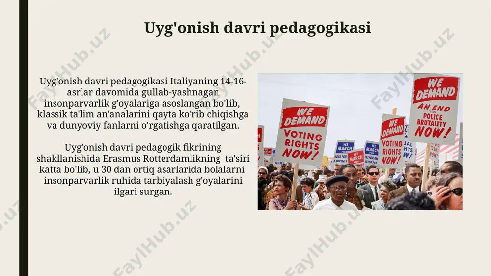 opa mamlakatlarida, xususan, germaniya va italiya kabi davlatlarda gumanizm g'oyalari rivoj topib, ta'limda insonparvarlik tamoyillari ustun keldi va maktablarning soni sezilarli darajada oshdi. o'rta asrlar pedagogikasi o'rta asr pedagogikasi, evropa va sharq mamlakatlarida 7-15-asrlar oralig'ida, klassik ta'lim tizimlariga tayanib, diniy va axloqiy tarbiyaga alohida e'tibor qaratgan. 12-15-asrlar davrida musulmon olamining yirik shaharlari – buxoro, samarqand, xorazmda madrasalar rivoj topdi, ularda nafaqat diniy, balki dunyoviy fanlar ham o'qitildi. komenskiy pedagogikasi zamonaviy pedagogikaga ta'siri komenskiyning didaktikasi, 17-asrda shakllangan bo'lsa-da, zamonaviy ta'lim tizimlarida, jumladan, o'zbekistonning 12 yillik ta'lim standartlarida ham, interfaol usullar va ko'rgazmali qurollar orqali o'quv jarayonini boyitishga ta'sir ko'rsatmoqda. komenskiyning "didaktika magna" asari dunyo bo'ylab 300 dan ortiq tilga tarjima qilingan va 21-asrda ham o'qituvchilarni ijodiy pedagogik yondashuvlarni qo'llashga undaydi, shu orqali individual yondashuv va o'quvchilarning potentsialini rivojlantirishga ta'sir qiladi. komenskiyning "didaktika magna" asari asarda 6 qismdan iborat bo'lib, bolalarni 6 yoshdan boshlab ta'limga jalb qilish va tabiatga muvofiq ta'lim berish …