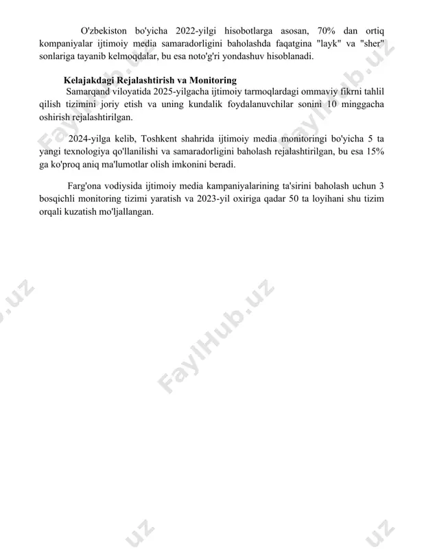 " sonlariga tayanib kelmoqdalar, bu esa noto'g'ri yondashuv hisoblanadi. kelajakdagi rejalashtirish va monitoring samarqand viloyatida 2025-yilgacha ijtimoiy tarmoqlardagi ommaviy fikrni tahlil qilish tizimini joriy etish va uning kundalik foydalanuvchilar sonini 10 minggacha oshirish rejalashtirilgan. 2024-yilga kelib, toshkent shahrida ijtimoiy media monitoringi bo'yicha 5 ta yangi texnologiya qo'llanilishi va samaradorligini baholash rejalashtirilgan, bu esa 15% ga ko'proq aniq ma'lumotlar olish imkonini beradi. farg'ona vodiysida ijtimoiy media kampaniyalarining ta'sirini baholash uchun 3 bosqichli monitoring tizimi yaratish va 2023-yil oxiriga qadar 50 ta loyihani shu tizim orqali kuzatish mo'ljallangan. 📌xulosa ижтимоий тармоқлар таҳлили натижалари жамиятдаги фикрларнинг тарқалиши, тенденциялар ва оммавий маданият ривожига таъсирини аниқлаш имконини берди. тадқиқот ижтимоий тармоқларнинг кучи ва чекланишларини очиб берди. 📚foydalanilgan adabiyotlar 1. krivitskiy, v. v., shushpanov, a. a. (2020). ijtimoiy tarmoqlarni baholashning zamonaviy usullari. ijtimoiy fanlarning dolzarb muammolari, (4), 112-121. 2. umarov, b. (2022). ijtimoiy mediada marketing kampaniyalarining samaradorligini baholash. iqtisodiyot va innovatsiyalar, (3), 55-68. 3. xolmatov, a. …