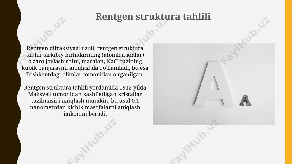 masalan, 10 dan ortiq elementlarni o'z ichiga olgan namunalarni rentgen difraktometriyasi yordamida, kristall panjarasining tuzilishiga asoslangan holda, toshkentdagi laboratoriyalarda tahlil qilish mumkin. oddiy birikmalar va minerallarni o'rganishning amaliy ahamiyati minerallarni o'rganish, xususan, o'g'itlar tarkibidagi fosfor va kaliy miqdorini aniqlash orqali, 50% gacha hosildorlikni oshirishga, qashqadaryo viloyatidagi qishloq xo'jaligini rivojlantirishga hissa qo'shadi. oddiy birikmalarni tahlil qilish, masalan, 100 dan ortiq turdagi rudalardagi temir oksidlarini aniqlash, metallurgiya sanoati rivojlanishi va samarqanddagi konlarni qazib olish samaradorligini oshirishga yordam beradi. e'tiboringiz uchun rahmat @taqdimot_robot image1.jpg image2.jpg image3.jpg image4.jpg image5.jpg image6.jpg image7.jpg image8.jpg image9.jpg