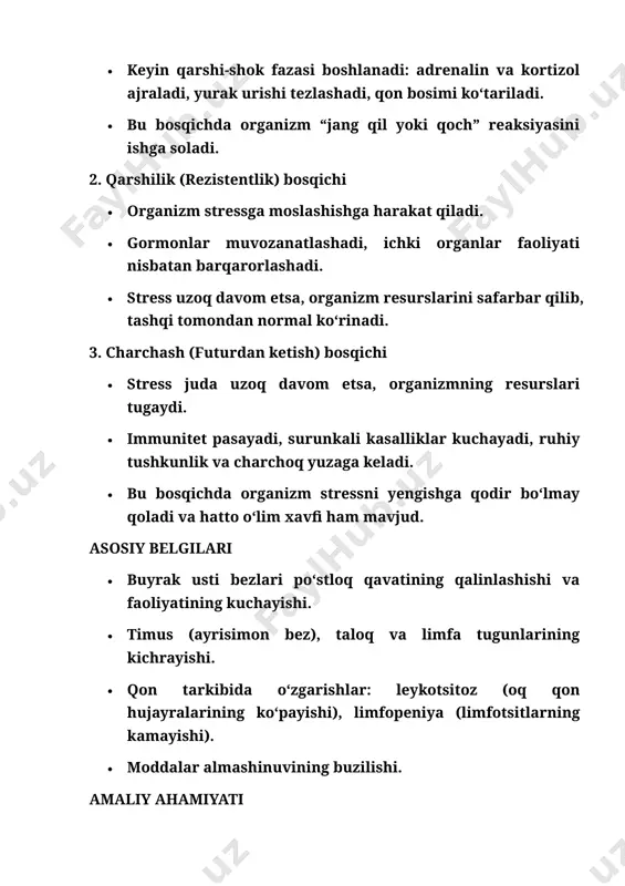 ining qalinlashishi va faoliyatining kuchayishi. · timus (ayrisimon bez), taloq va limfa tugunlarining kichrayishi. · qon tarkibida o‘zgarishlar: leykotsitoz (oq qon hujayralarining ko‘payishi), limfopeniya (limfotsitlarning kamayishi). · moddalar almashinuvining buzilishi. amaliy ahamiyati umumiy adaptatsiya sindromi tibbiyot, psixologiya va pedagogikada muhim ahamiyatga ega: · stressning sog‘liqka ta’sirini tushunishga yordam beradi. · surunkali kasalliklarning kelib chiqishida stressning rolini ko‘rsatadi. · stressni boshqarish usullarini ishlab chiqishda asos bo‘lib xizmat qiladi. stressni boshqarish usullari · jismoniy mashqlar – stress gormonlarini kamaytiradi. · meditatsiya va nafas mashqlari – asab tizimini tinchlantiradi. · sog‘lom uyqu – organizm resurslarini tiklaydi. · ijobiy muloqot va ijtimoiy qo‘llab-quvvatlash – ruhiy barqarorlikni oshiradi. · vaqtni to‘g‘ri taqsimlash – ortiqcha zo‘riqishni kamaytiradi. umumiy adaptatsiya sindromi — bu organizmning stressga qarshi tabiiy himoya mexanizmi bo‘lib, uch bosqichda kechadi: signal, qarshilik va charchash. agar stress uzoq davom etsa, organizmning resurslari tugaydi va sog‘liq jiddiy xavf ostida qoladi. shuning uchun stressni boshqarish usullarini qo‘llash …