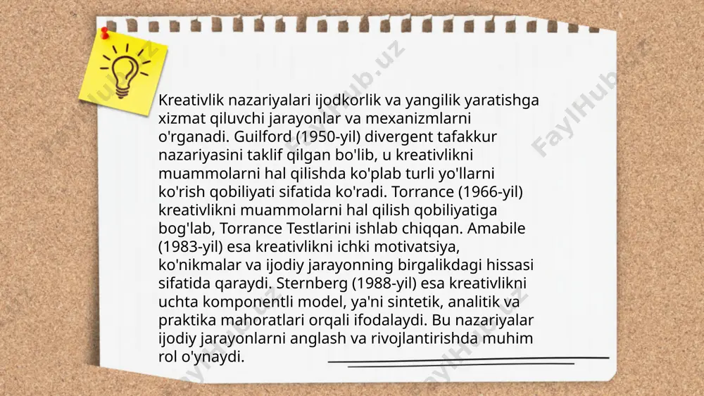 ndislik masalalari orqali rivojlantirilishi mumkin. iq testlarida fazoviy intellekt bilan bog‘liq boʻlimlar ham mavjud boʻlib, bu qobiliyatning o‘lchanishini ko‘rsatadi. iq ning o‘rtacha ko‘rsatkichi 100 atrofida bo‘lib, fazoviy intellekt bu mezonlar orqali ham baholanadi. ... t.me/slaydai_bot musiqiy intellekt, insonning ritm, melodiya va tovushlarni tushunish va yaratish qobiliyatini ifodalaydi. bu intellekt turi musiqani eshitish, eslab qolish va ijro etishni o'z ichiga oladi. tadqiqotlar shuni ko'rsatadiki, musiqaga moyilligi bo'lgan odamlar boshqa fanlarda, masalan, matematikada yaxshi natijalar ko'rsatishi mumkin. leonard meyering nazariyasiga ko'ra, musiqiy intellekt har bir insonga o'ziga xos tarzda rivojlanadi. masalan, yevropa aholisi orasida 15-20% odamlar musiqiy intellektlari yuqori darajada rivojlangan. shu bilan birga, musiqiy intellektni oshirish uchun musiqiy asboblar chalish yoki qoʻshiq aytishni muntazam ravishda mashq qilib borish tavsiya etiladi. ... t.me/slaydai_bot 10. ekzistensial intellekt ekzistensial intellekt - bu odamlarning hayot mazmuni, mavjudlik va ulkan savollar haqida o'ylash qobiliyatidir. ushbu intellekt turlari orasida insonning maqsadlari, axloj va ruhiy savollarni hal qilish …