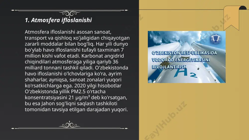 12 milliard tonna sanoat chiqindilari ishlab chiqariladi. o'zbekistonda sanoat chiqindilarining hajmi yiliga 100 million tonnaga yaqinlashadi. bu chiqindilar tarkibida metall, plastmassa va kimyoviy moddalar kabi xavfli komponentlar mavjud bo'lib, ular atrof-muhit va inson salomatligiga zarar yetkazishi mumkin. sanoat chiqindilarini qayta ishlash orqali ularning 60% gacha qattiq chiqindilardan foydali materiallarga aylantirilishi mumkin. energiya va resurslarni tejab, chiqindilarni kamaytirish ko'plab mamlakatlar sanoat strategiyalarida muhim o'rin tutadi. ... t.me/slaydai_bot 7. transport va avtotransport chiqindilari transport va avtotransport chiqindilari mavzusida o'zbekiston sharoitida avtomobil transportidan kelib chiqadigan chiqindilar ko'p miqdorda havoning ifloslanishiga sabab bo'ladi. so'nggi ma'lumotlarga ko'ra, o'zbekistonda avtomobillar miqdori yildan-yilga oshib bormoqda. 2020 yil statistikalariga ko'ra, mamlakatda ro'yxatdan o'tgan avtomobil soni 2,7 millionga yetgan. ulardan kelib chiqadigan chiqindilar, jumladan, uglerod oksidi (co), azot oksidi (nox) va boshqa zararli gazlar havo sifatini sezilarli darajada yomonlashtirmoqda. yo'llarda harakatlanayotgan avtomobillar ham har yili millionlab tonna atmosferaga zararli moddalarni chiqaradi, bu esa ekologik va sog'liq muammolarini keltirib chiqaradi. …