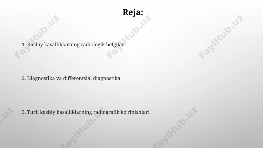 pleural plaklarning shakllanishi asbestozning xarakterli belgilaridan biri bo'lib, ularning o'lchami 1 sm dan 10 sm gacha yoki undan ham katta bo'lishi mumkin va ko'pincha diafragma yaqinida joylashgan. asbestozli pnevmoniyaning og'ir holatlarida o'pkaning diffuz fibroziga olib keladigan, funktsional imkoniyatlarini sezilarli darajada pasaytiradigan, hajmiy qisqarish bilan birga keladigan, alveolalar va interstisial to'qimalarning keng tarqalgan shikastlanishi kuzatiladi. o'pka kasalliklari o'pka silikozi rentgenogrammalarida diffuz yoki nodulyar zichliklar, 1-5 mm kattalikdagi tugunlar va pnevmofibroz belgilarini ko'rsatishi mumkin. asbestos bilan bog'liq plevral plakalari ko'krak qafasi rentgenogrammalarida o'tkir yoki yumaloq shaklda, kattaligi 1 sm dan oshishi mumkin. o'tkir radiatsion kasallik radiatsion ta'sir darajasiga qarab, o'tkir radiatsion kasallikning 4 darajasi mavjud bo'lib, har bir darajasi klinik belgilarning og'irligi va o'lim xavfini ko'rsatuvchi o'ziga xos dozaga ega (masalan, i daraja – 1-2 gy, iv daraja – 6 gy dan yuqori). o'tkir radiatsion kasallikning og'ir shakllarida, dozasi 6 gy dan yuqori bo'lganda, o'lim xavfi yuqori bo'lib, o'lim ko'pincha 1-2 hafta …