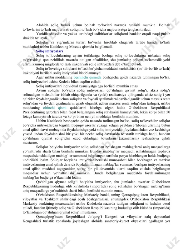 dik shaxslar qo‘shib olinadigan yuridik shaxslarga nisbatan qo‘llanilmaydi. agar faoliyati o‘zbekiston respublikasida doimiy muassasa tuzishga olib kelmagan chet el yuridik shaxsi o‘zini mustaqil ravishda o‘zbekiston respublikasining soliq rezidenti deb e’tirof etsa, uning uchun foyda solig‘i bo‘yicha birinchi soliq davrini aniqlash quyidagi tartibda amalga oshiriladi: 1) agar ushbu chet el yuridik shaxsi o‘zini o‘zbekiston respublikasining soliq rezidenti deb e’tirof etish to‘g‘risidagi arizani taqdim etgan kalendar yilning 1-yanvaridan e’tiboran o‘zini o‘zbekiston respublikasining soliq rezidenti deb e’tirof etsa, mazkur ariza taqdim etilgan kalendar yil uning uchun birinchi soliq davri hisoblanadi; 2) agar ushbu chet el yuridik shaxsi tegishli ariza taqdim etilgan sanadan e’tiboran o‘zini o‘zbekiston respublikasining soliq rezidenti deb e’tirof etsa, ko‘rsatilgan ariza soliq organiga taqdim etilgan sanadan e’tiboran ushbu ariza taqdim etilgan kalendar yilning oxirigacha bo‘lgan davr uning uchun birinchi soliq davri hisoblanadi. bunda, agar chet el yuridik shaxsining o‘zini o‘zbekiston respublikasining soliq rezidenti deb e’tirof etish to‘g‘risidagi arizasi 1-dekabrdan 31-dekabrga qadar …