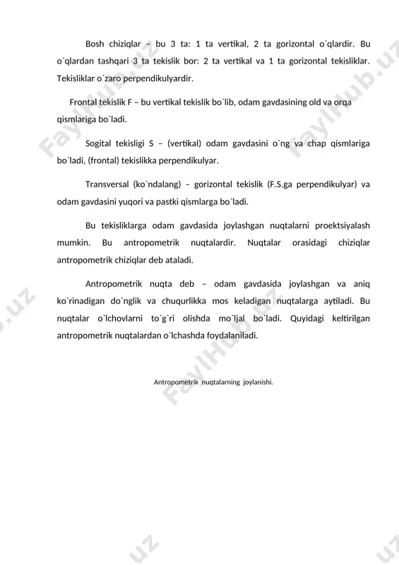 shakli murakkab. uning o`lchamlarini aniqlashda turli usullardan foydalaniladi. 1 – usul. nuqtalar orasidagi masofani 3 tekisliklardan biriga proektsiyalab o`lchash ko`ndalang diametr yoki diametr deb ataladi. bu ko`ndalang o`lchamlar gavda va uning alohida o`lchamlari uzunliklarini aniqlaydi. gavdaning alohida o`lchamlari nuqtalarning yerdan o`lchangan balandligining ayirmasi kabi topiladi. bundan tashqari, bu usulda old-orqa proektsion diametrlari bor. bularning ko`krak, bel, emizak nuqta va h.k. past balandligidagi chiziqlar. ko`ndalang proektsion diametrlar bo`lib, bular bel, son, ko`krak, bo`yin va h.k. diametrlardir. bu o`lchamlarning hammasi chiziqli o`lchamlar deyiladi. bu o`lchamlar 3 ta tekislik sistemasida aniqlanadi. 2 – usul. ikki nuqta orasidagi eng qisqa masofani topish. bu o`lchashlar to`g`ri (skvoznoy) diametrlar nomini olgan. masalan: 2 ta akromial nuqtalar orasidagi masofa – chanoq kengligining diametri hisoblanadi. 3 – usul. o`lchash tana sirti bo`ylab o`tkaziladi, yoyli o`lchash. bu bel, son, bo`yin va h.k. aylanasi. bundan tashqari, bu yerga tana sirti bo`ylab, o`lchanuvchi ko`krak, orqa kengliklari, orqaning belgacha uzunligi kabi ko`ndalang …