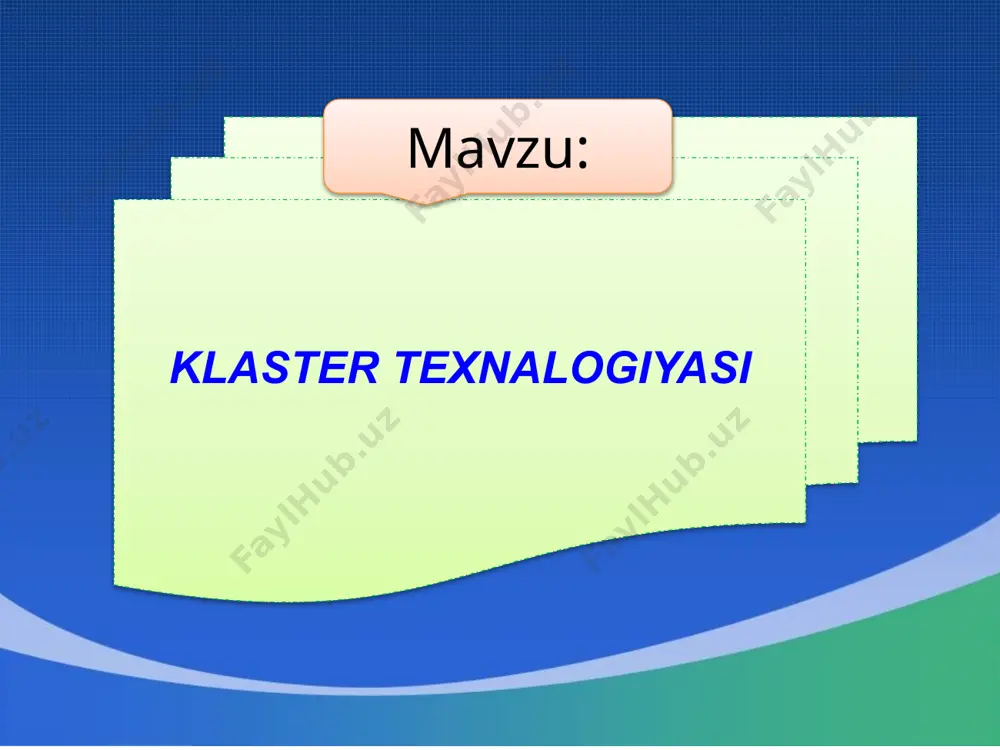 4 klaster metodi va uning turlarini o‘rganib chiqish. klaster metodining ustuvor yo‘nalishlarini ko‘rsatib berish; ushbu metodining imkoniyatlari-ni aniqlash modulini o‘qitishda klaster metodining foydalanishning mohiyati va mazmunini izohlash klaster metodidan foydalanish-ning samarali yo‘llarini ishlab chiqish 8 klaster metodi pedagogik, didaktik strategiyaning muayyan shakli bo‘lib, u ta’lim talabalarga ixtiyoriy muammo yoki mavzular xususida erkin, ochiq o‘ylash va fikrlarni bemalol bayon etish uchun sharoit yaratishga yordam beradi. mazkur metod turli xil g‘oyalar o‘rtasidagi aloqalar fikrlash imkoniyatini beruvchi tuzilmani aniqlashni talab etadi. undan foydalanish inson miya faoliyatining ishlash tamoyili bilan bog‘liq ravishda amalga oshadi. ushbu metod muayyan mavzuning ta’lim oluvchilar tomonidan chuqur hamda puxta o‘zlashtirilguniga qadar fikrlash faoliyatining bir maromda bo‘lishini ta’minlashga xizmat qiladi. [1] klа́ster (cluster inglizcha so`z bo`lib (скопление, кисть, рой) — yig`ish, to`plash; panja, g`o`ra, mo`yqalam, jamg`arish; uya, oila kabi ma’nolarni ifodalab, bir doiradagi tushunchalarni bir butunlikda anglatuvchi terminni anglatadi. 9 mazkur metod turli xil g‘oyalar o‘rtasidagi aloqalar, fikrlash imkoniyatini beruvchi …