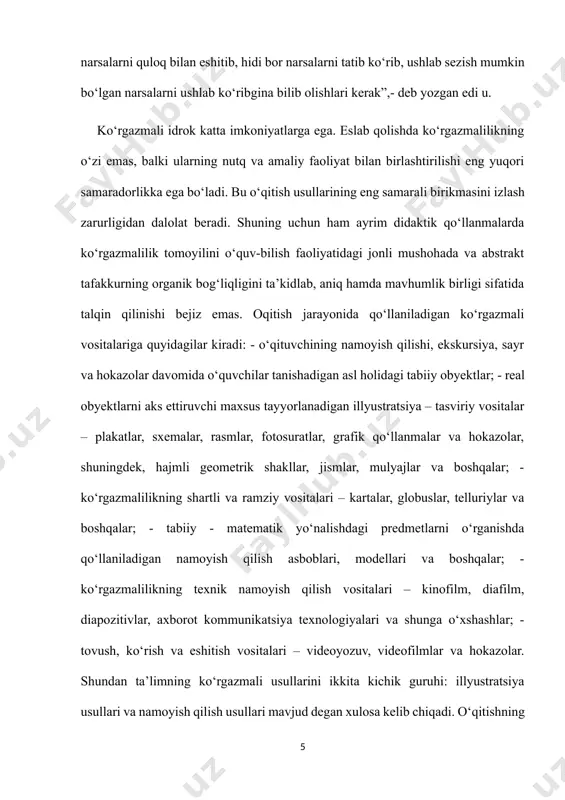 radi. “o‘yla, bolajon!” usuli bunda doirachalar ichida harflar yozilib, shu harflar bir-birlariga chiziqlar orqali birlashtirilgan bo‘ladi, o‘quvchi ularni ya’ni harflarni o‘qigan holda yashiringan so‘zni topib, shu so‘zga berilgan savollarga javob berishlari lozim. bu ko‘rgazmadan o‘qish va ona tili darslarida qo‘llashi mumkin. “piktogramma” usuli bu usulda ertak qahramoni yoki multfilm qahramonlari rasmi ko‘rsatiladi, o‘quvchilar ushbu qahramonlarni rasmlariga qarab, multifilm yoki ertakni nomini topshlari kerak. masalan: “yoriltosh” ertagi “qizil shapkacha” ertagi “bobo sholg‘om” ertagi tadqiqotlar natijasi shuni tasdiqladiki, maqsadga muvofiq tuzilgan mashqlar tizimi vositasida o‘quvchilarda o‘qitishning ko‘rgazmali usullaridan foydalanish ko‘nikma va malakalarini samarali shakllantirish mumkin. ko'rgazmali qurollar, boshlang'ich sinflarda o'qish darslarida o'quv faoliyatiga ta'sir qilishi mumkin. bu qurollar, o'quvchilarning dars vaqtlarini yaxshilash, ma'lumotlarni yaxshi o'rganish va tushuntirishga yordam berish uchun foydali bo'ladi. ko'rgazmali qurollar o'quvchilarga interaktiv darslar o'tkazish, ma'lumotlarni yodlash va tushuntirishda yordam beringan bo'ladi. bu qurollar o'quvchilarning qiziqishlarini tortish va ta'lim jarayonini qiziqarliroq qilishda ham foydali bo'ladi. ko'rgazmali qurollar o'quvchilarning darsda …