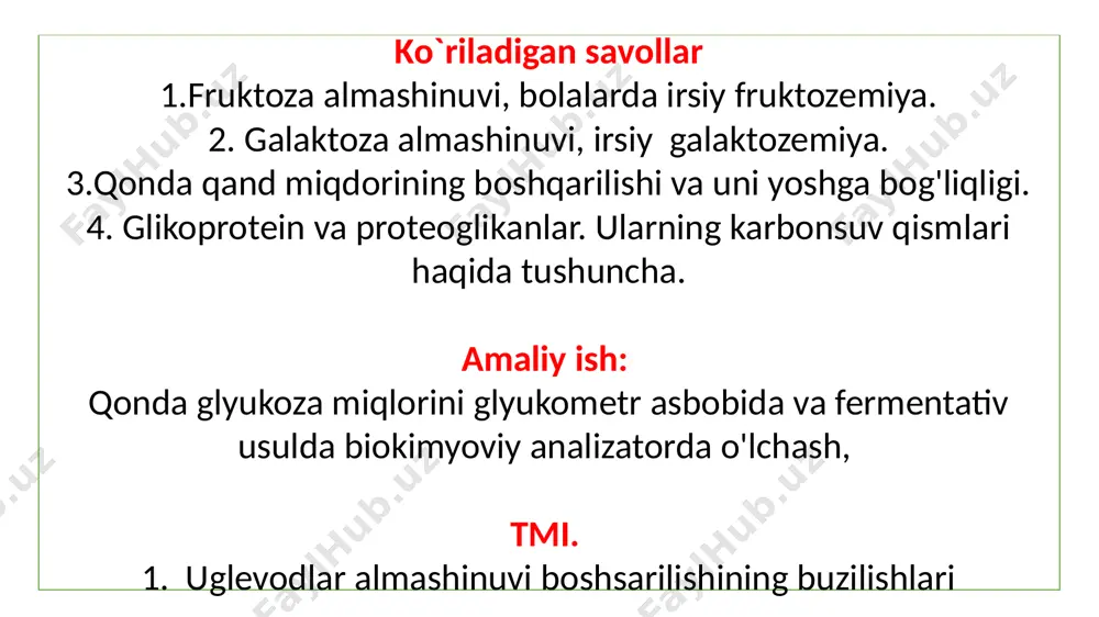 tokinaza fermenti ta’sirida (atf ishtirokida) fruktoza-1-fosfatga aylanadi, bu fruktoza-1-fosfat aldolaza ta’sirida glitseraldegidi va dioksiatsetonofosfatga parchalanadi, ular ham glikolitik yo‘l bilan parchalanadilar. agar jigarda fruktoza-1-fosfataldolaza fermentining sintezlanishi kamaysa, qonda fruktozaning miqdori ko`payadi va hatto siydik bilan ham ajraladi. fruktoza-1-fosfatning yig`ilishi jigarga zaharli ta’sir ko‘rsatadi. natijada jigar shishadi, splenomegaliya yuz beradi, ba’zan esa sariq kasalligi yuzaga keladi. bu irsiy kasallik hisoblanib, yosh bolalarda uchraydi va fruktozani singdira olmaslik vujudga keladi. ammo vaqt o‘tishi bilan, bola organizmi osishi natijasida bu kasallik sekin-asta tuzalib ketishi mumkin. ungacha esa, saxaroza va fruktoza iste’mol qilish man qilinadi. galaktoza esa jigarda galaktokinaza ta’sirida fosforlanib (atf hisobiga) galaktoza-1-fosfat, so‘ng u udf-glyukoza bilan reaksiyaga kirishib (galaktoza-1-fosfaturidiltransferaza fermenti ta’sirida) udf galaktozaga aylanadi. jigarda bu esa udfglyukoza epimeraza fermenti ta’sirida udf-glyukozaga aylanadi. bular glikogen, laktoza, serebrozidlar va glikoaminglikanlar (monosaxaridlar) sintezlashida qatnashadi (64-rasm). galaktozemiya galaktoza-1-fosfat uridiltransferaza fermenti ona suti bilan oziqlanadigan bolalarning jigarida bo‘ladi. katta yoshli insonlar jigarida udf- galaktozapirofosforilaza fermenti bo‘lib, …