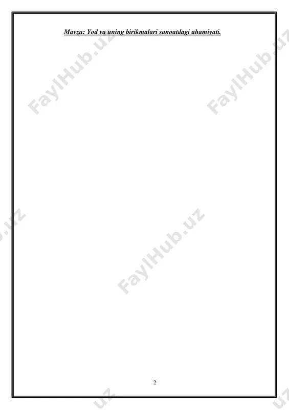oʻtlari hamda natriyli selitra olishda ajralgan natriy yodatga boy eritma xomashyo sifatida xizmat qiladi. yod, asosan, 3 usulda olinadi: 1) sorbent va ionitlarni boyitib; 2) yodli suv oʻtlarini kuydirib; 3) havo yordamida ajratish va yutilish (mas, naoh eritmasi va sorbentlarda) usullari. oʻzbekistonda yod tarkibida 15—40"’/l yod boʻlgan neft quduklari va yer osti shoʻr suvlaridan havo yordamida ajratish va yutilish usullarini qoʻllab olinadi. bu suvlarda yod, asosan, yodid, yodat va organik birikmalar holida uchraydi. yod li suvlarni kislotali (h2so4 yoki ns1) sharoitda (rn=2,5+3,5) oksidlovchilar (cl2, nano2 yoki kalsiy gipoxlorit, natriy gipoxlorit) eritmasi va b. ishtirokida yod birikmalarining suv tomchilariga (60—75°da) bosim ostida xavo yuborib, yod havoga erkin holda oʻtkaziladi. bunday sharoitda havoga qisman vodorod yodid kis-lotasi ham oʻtadi. havoga ajralgan 12 suvli sharoitda sorbentlar yordamida (mas, 20—25 g/l gacha natriy ishqori eritmasida) boyitiladi. yod ga boyitilgan ishqor eritmasini neytrallab, kislotali (h2so4) sharoitda oksidlovchilar (mas, cl2, nano2, k2crj07 va h.k.) ishtirokida elemen-tar …