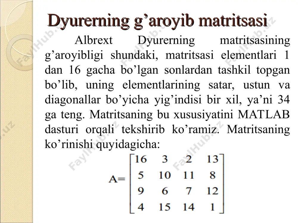 fsha rang sariq qizil yashil ko‘k oq qora chiziq turlari to‘rt xil belgilanadi masalan, plot (x, f, 'b-+', x, g,'r:x') komandasi yordamida xosil qilingan grafiknining birinchi egri chizig‘i ko‘k rangda, uzluksiz, ma’lumotlarni kesishish nuqtasi ‘+’ bilan ifodalanadi, ikkinchi egri chizig‘i qizil ranga, punktirli, ma’lumotlarni kesishish nuqtasi ‘x’ bilan ifodalanadi belgilanishi . + * 0 x nuqtaning turi nuqta plyus yulduzcha aylana krest matlab tizimida grafik oynaning gorizontal o‘qi uzunligi foydalanuvchi tomonidan belgilanadi, masalan, funksiya argumentining o‘zgarish chegarasini ko‘rsatish orqali. vertikal o‘qning uzunligini esa funksiya qiymatining o‘zgarish chegarasiga nisbatan tizimning o‘zi xisoblab topadi. tizim tomonidan masshtabni tanlashning bu usulini bekor qilish uchun koordinatalar o‘qini uzunligini foydalanuvchi axis ([x min, x max, y min, y max]) funksiyasidan foydalanib aniq ko‘rsatishi kerak bo‘lai. bu funksiyasi yordamida koordinatalar o‘qini ko‘rinishi o‘zgartirish mumkin. * grafiklarni mavzusini, koordinata o‘qlarini nomlarini va ixtiyoriy matnlarni kiritish uchun mos ravisha title, xlabel, ylabel va text kabi funksiyalardan foydalaniladi. grafika …