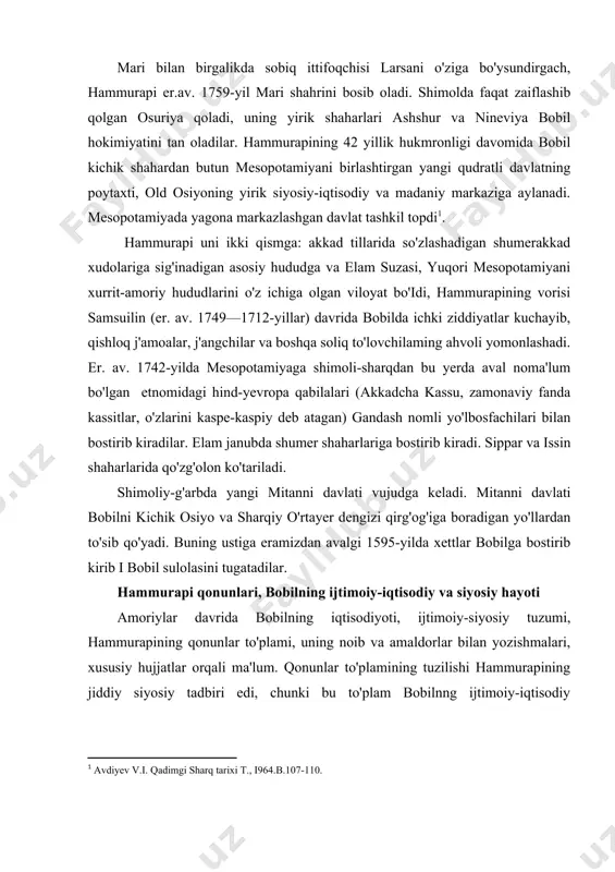 murapining qonunlar to'plami, uning noib va amaldorlar bilan yozishmalari, xususiy hujjatlar orqali ma'lum. qonunlar to'plamining tuzilishi hammurapining jiddiy siyosiy tadbiri edi, chunki bu to'plam bobilnng ijtimoiy-iqtisodiy barqarorligini ta'minlashga qaratilgan edi. qonunlar to'plami kirish, qonunlar va xulosani tashkil qilgan uch qismdan iborat edi. hammurapi davrida bobil iqtisodiyoti sun'iy sug'orishga asoslangan dehqonchilik, bog'dorchilik, chorvachilik, hunarmandchilik, ichki va tashqi savdodan iborat bo'lgan. qadimgi bobilda bu davrda ekin yerlari ko'payadi, bog'dorchilikda xurmo etishtirish gullab-yashnaydi, g'alla ekinlaridan, moyli o'simliklardan yuqori hosil olinadi. bunday yutuqlar faqat sun'iy sug'orish tizimini butun mamlakat miqyosida kengaytirish asosida amalga oshiriladi. maxsus amaldorlar katta-kichik kanallarni ko'rish va ta'minlashni nazorat qilib turganlar. man arxivi hujjatlariga ko'ra aholining barcha mehnatga qobiliyatli qismi erkin kishilardan tortib qullargacha sug'orish inshootlarini ko'rish va ta'minlash majburiyatini o'tagan, undan bosh tortganlarga o'lim jazosigacha berilgan. hammurapi qonunlarida maxsus to'rt modda dehqon jamoasining o'z yerida, sug'orish inshootlariga befarq qarashiga qarshi qaratilgan, agar dehqonning yeridan qo'shnilar yeriga suv toshib ketsa, u …