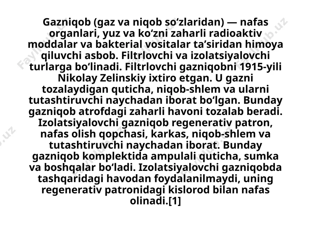 li filtrli (zaharli bug'lar / gazlar), shuningdek, moslashuvchan gofrirovka qilingan shlang bilan bog'langan ko'zoynakli yuz niqobiga ega bo'lgan filtr blokini nazarda tutadi. yetkazib berish doirasiga odatda ko'zoynaklar tumanlanishiga qarshi qalamlar va plyonkalar, sovuq havodan izolyatsiya qiluvchi manjetlar va yukxalta yukxalta kiradi. izolyatsiya (ip, rp) - odam tashqi ifloslangan muhitdan butunlay ajratilgan va maxsus kartridjda qayta tiklanadigan siqilgan kislorod aralashmasidan nafas oladigan asboblar. ular kislorod etishmasligi, kuchli yoki noma'lum uchuvchi moddalarning kontsentratsiyasi mavjud bo'lganda ko'p qirrali va samaralidir, lekin ular 5 soatdan oshmasligi mumkin (kislorod ta'minoti tugamaguncha). e'tiboringiz uchun rahmat! image1.jpeg image2.jpeg image3.jpeg