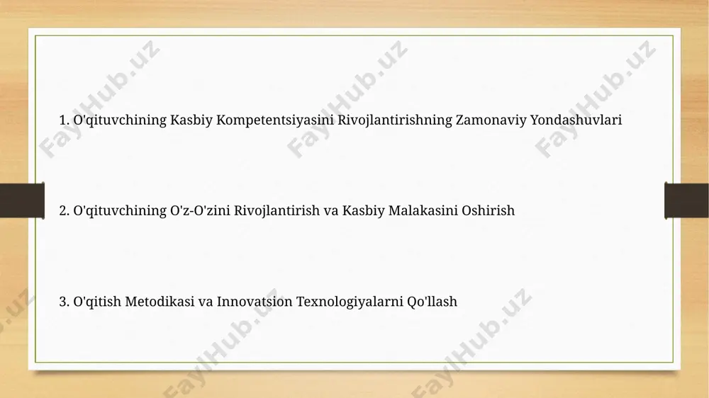 ologiyalarni qo'llash va 20 soatlik malaka oshirish kurslarini o'tash tavsiya etiladi. davlat ta'lim standartlariga muvofiq, o'qituvchilarning kamida 5 ta turli pedagogik uslubni qo'llash mahorati pedagogik mahoratni baholash mezonlariga kiritilgan. zamonaviy ta'lim talablari zamonaviy ta’lim talablari, xususan, o‘quvchilarning 21-asr ko‘nikmalarini rivojlantirishga, ya’ni tanqidiy fikrlash, muammo yechish va hamkorlik kabi ko‘nikmalarga e’tiborni kuchaytirishni talab qiladi. ta’lim jarayonida texnologiyalardan foydalanish, onlayn resurslar va platformalardan samarali foydalanish, o‘quvchilarning raqamli savodxonligini oshirish zamonaviy ta’limning muhim jihatlaridan biri hisoblanadi. baholash va monitoring monitoring natijalariga asoslanib, o‘qituvchilarning 80% dan ortig‘i malaka oshirish kurslariga yo‘naltirilsa, ta’lim sifatining 15% ga oshishi kuzatiladi. o‘qituvchilarning o‘z-o‘zini baholashini muntazam ravishda o‘tkazish va natijalarni tahlil qilish orqali kamida 6 oyda bir marta professional rivojlanish rejasini yangilash mumkin. o'qituvchining shaxsiy sifatlari o'qituvchining yuqori darajadagi empatiyasi (taxminan 80% hollarda) o'quvchilar bilan samarali munosabatlarni o'rnatish va ularning ehtiyojlarini tushunishda muhim rol o'ynaydi. o'qituvchining o'z-o'zini boshqarish ko'nikmalari (masalan, stressga chidamlilik, vaqtni samarali boshqarish) kamida 5 yillik tajriba …