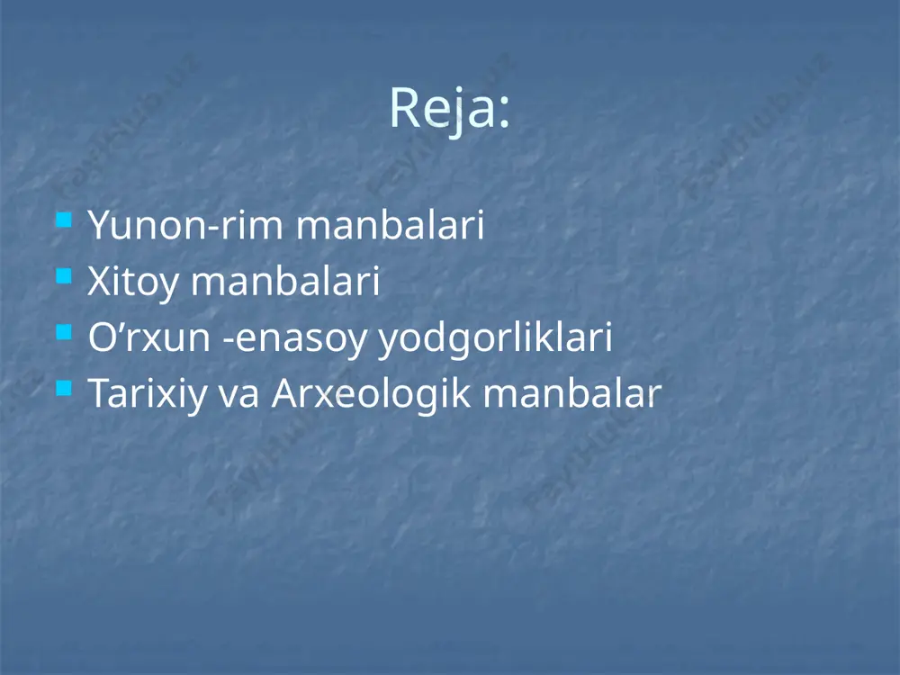 on o`zining “geografiya” asarida gerkaniya, parfiya, baqtriya va marg`iyonaning tabiiy holati, shaharlari, qisman ularga borish yo`llari, bu yerdagi xalqlar haqida qimmatli ma’lumotlarni berib o`tadi. mashhur rim tarixchisi kvint kursiy ruf o`zining “buyuk iskandar tarixi” nomli asarida o`rta osiyoning iskandar zulqarnay tomonidan istilo qilinishi, xalqlarning chet el bosqinchilariga qarshi kurashi, xususan, spitamen boshchiligidagi qo`zg`alon keng yoritib berilgan. yana boshqa ko`plab yunon-rim tarixchilari asarlarida o`rta osiyo tarixi haqidagi ma’lumotlarni ko`rish mumkin. strabon (mil avv.63 – mil 23y) xitoy tarixchilari va ularning asarlari sima szyan “tarixiy esdaliklar” byan gu “xan sulolasi tarixi” fan xua “keyingi xon sulolasi” tarixi liyan shou “shimoliy sulolalar tarixi” o`rta osiyo tarixini yoritishda xitoy tarixchilari ham o`z hissalarini qo`shganlar. lekin ular o`z asarlarini ma’lum bir maqsad va manfaatlarini ko`zlab yozganlar va xalqlarning tarixi ko`p hollarda bir tomonlama yoritilgan. lekin xitoy manbalarida bo`lib o`tgan voqealarning vaqti va o`rni, bir-biriga qarshi turgan qo`shinlarning aniq soni ko`rsatilgan. bevosita bu manbalarga to`xtaladigan bo`lsak …