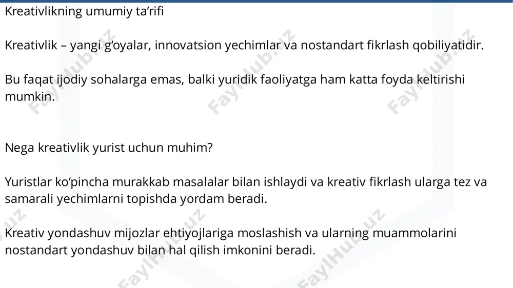 isollar huquqiy shartnomalar va kelishuvlarni o‘ziga xos tarzda ishlab chiqish, yangi formatlar qo‘llash. sud jarayonlarida kreativlik sudda ijodiy huquqiy argumentlarni qo‘llash sudda mijoz manfaatlarini himoya qilishda kreativ dalillar va argumentlar keltirish. muammoning turli jihatlarini yoritish va sudya yoki hakamlar hay’atini qiziqtirish uchun kreativ hikoyalar, qiyoslar qo‘llash. strategik yondashuvlar sud jarayonida raqibning kuchli tomonlariga e’tibor berish va ularning dalillarini kuchsizlantirish usullari. mijozlar bilan ishlashda kreativlik mijozlarning ehtiyojlariga mos yechimlarni yaratish har bir mijoz uchun individual yondashuv qo‘llash, ularning muammolariga mos keluvchi strategiyalar ishlab chiqish. mijozlar bilan ochiq va ijodiy muloqot o‘rnatish, ular uchun eng qulay variantlarni tavsiya qilish. mijozlar ehtiyojiga mos yondashuvlar mijozlar xohishlarini aniqlash va ularning kutgan natijalariga erishish uchun strategik rejalashtirish. kreativlik va huquqiy axloq kreativlik va axloqiy mezonlarni birga qo‘llashning ahamiyati kreativlik qo‘llanganda, yurist huquqiy axloqni unutmasligi kerak. qonun va etika chegaralaridan chiqmagan holda yangi yondashuvlarni qo‘llash. mas’uliyatli yondashuv mijoz va jamiyat oldidagi mas’uliyatni his qilgan holda kreativlikdan …