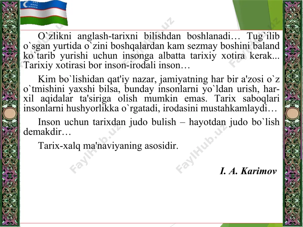 odatlar majmuasidir. shamanlar va afsungarlar jazavali va asabiy kishilar bo‘lib, odamlar ularni ruhlar bilan muloqotda bo‘lish, ularga jamoaning umid va niyatlarini yetkazish, ularning irodasini talqin qilish qobiliyatiga ega ekanligiga chuqur ishonganlar 27 o'q-yoy (kamon), nayza qurollari yasaldi. ovchilik, hayvonlarni qo'lga o'rgatila boshlandi, boshoqli o'simliklar o'stirildi. qoyatosh suratlari paydo bo`ldi. mil. avv. 12-7 ming y. “o`rta tosh” davri mezolit hunarmandchilik vujudga keldi. uy-joy qurilishi va o'troqlashuv boshlandi. ip yigiruvchi urchuq, to'quv dastgohlari vujudga keldi. jun va o'simlik tolasidan kiyimlar tikildi. neolit yangi tosh davri mil.avv. 6-4 ming yillik mis kashf etildi, misdan bolta, o'roq, nayza uchlari, xanjar qurollari, taqinchoq va bezak buyumlari yasaldi. patriarxatga o'tildi. eneolit mis-tosh davri mil.avv. 4-3 ming y. bronza ixtiro qilindi. hayvonlardan transport sifatida foydalanildi. o`troq va sug'orma dehqonchilik, savdo aloqalari vujudga keldi. shahar davlatlari shakllandi. mil.avv. 3-1 ming y. mis+rux+ qo`rg`oshin bronza davlatga xos belgilar muayyan hudud aholi hukumat harbiy kuch qadimgi xorazm qadimgi xorazm (mil. …