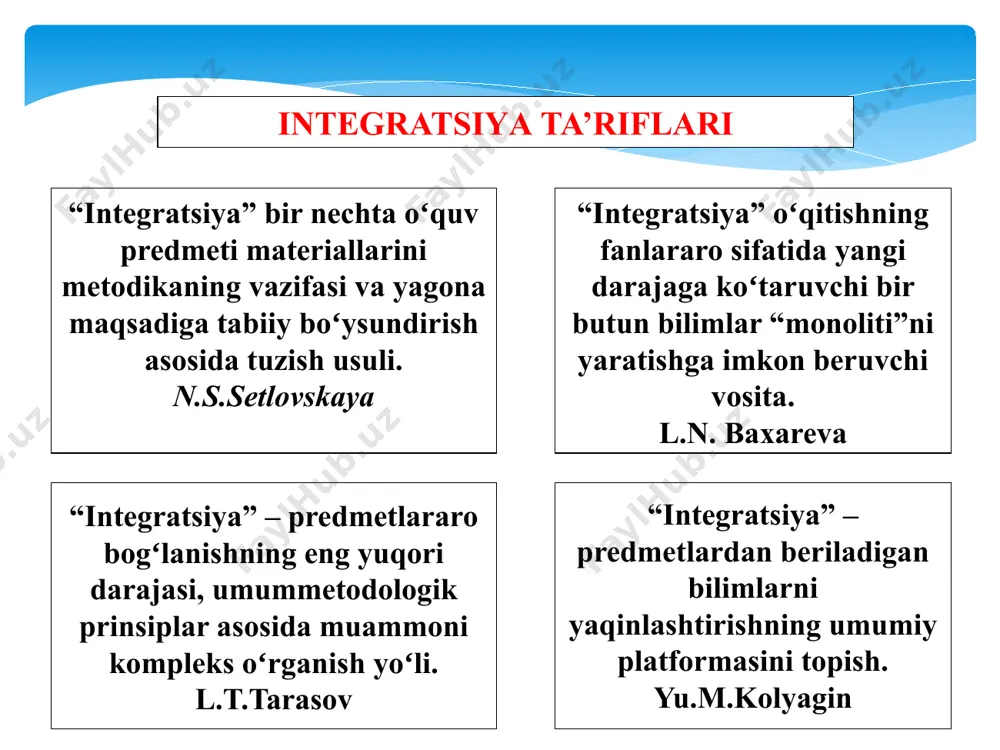 i. integrasiya mohiyati o’quv fanlari tabiat va jamiyat ijtimoiy hayot koinot va inson integratsiyalovchi ta’lim kursining yo’nalishlari: - ko’p predmetlilik bunda (ikki yoki undan ortiq) fundamental fanlarni qiyoslash; - chegara fanlar asosida – yangi fanlarni vujudga keltirish, buning asosida yangi tabiiy hamda ilmiy fanlar vujudga keladi; - asosiy (o’zak) fanlar –zamonaviy bilimlarning hamma tarmoqlariga singib ketuvchi fanlar va umumiy ilmiy tushunchalar, qoidalar va nazariyalardir. - kompleks ob’ektlarini o’rganish bu- «koinot», «odam», «muhit» degan tushunchalarni birlashtirish; - mahalliy (tabiiy-ilmiy bilimlar) va global (muhim) muammolar – ilmiy, ekologik, polietnik, sanoat va mamlakatning madaniy rivojlanishi bilan millatning bugungi kundagi tutgan o’rni bilan chambarchas bog’liq. - faoliyat asosida-o’quv tarbiya faoliyatining har xil ko’rinishlari kitoblar, kuzatishlar, tajribalar, bilim, maxorat va ko’nikmalar. - tabiat va jamiyatning rivojlanish qonunlariga bo’lgan shaxsiy munosabatni shakllantirish: ko’rgazmalar asosida integratsiya, didaktik sistemada (o’qituvchi va o’quvchinng faoliyati); кўп фанлар интеграцияси асосида; чегарадош фанлар асосида тузилган курслар асосида; асосий фанлар асосида тузилган курслар …