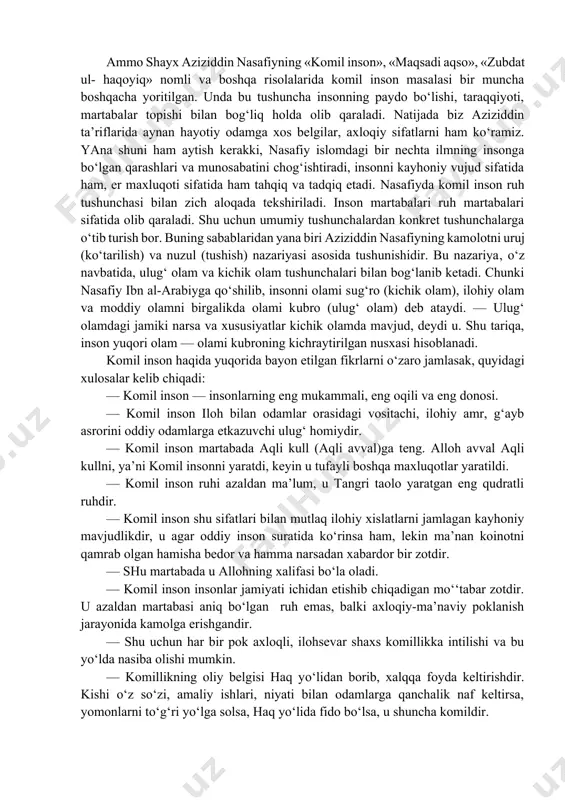 riga ko‘ra, har bir inson ikkinchisining o‘rnini bosadigan nusxadir va bir-birining qarshisida turgan ko‘zgu kabidir. bitta odamdagi xislat va sifat ikkinchisida aks etib turadi. ammo farqi shundaki, bu akslanish ba’zilarda fe’l-harakat bo‘yicha bo‘lsa, ba’zilarda quvva, ya’ni xislat-xususiyatlar bilan namoyon bo‘ladi. demak, iste’dod va qobiliyat, xususiyat va sifatiga ko‘ra bir-biriga o‘xshash odamlar behad ko‘p. bularni umumiy nom bilan xalq, odamlar, kishilar deb qo‘ya qolamiz. biriga qarab ikkinchisining xulqu atvori, darajasiga baho bera olamiz. ammo shunday komil va akmal kishilar borki, ular kamolotda nafaqat o‘zga odamlardan, balki bir-biridan ham keskin farqlanib turadilar. bularni anbiyo va avliyo deb ataymiz. bularning ham darajalari bor: ba’zilari komil, ba’zilari akmal, bir qismi fozil, yana bir qismi afzal, yana bir guruhi esa afzalu akmaldirlar. sayyid abdulkarim geloniy mazkur tasnifni aytib, yana qo‘shib qo‘yadi: «komil inson, voqean, muhammad sallallohu alayhi vasallamdir va qolgan anbiyo-yu avliyoning kamoloti unga nisbatandir, xuddi fozilning afzalga nisbatiday». ibn al-arabiy, shayx omuliy va abdulkarim …