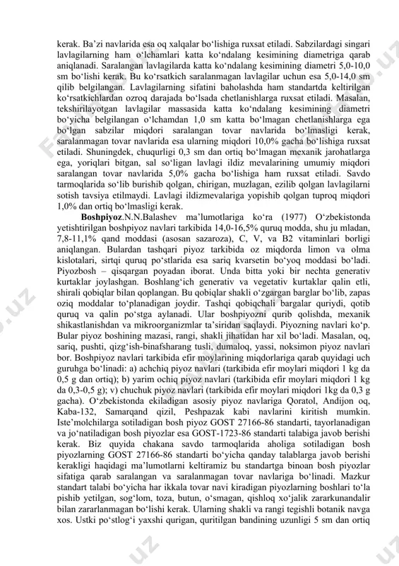 rtidan foydalaniladi. mazkur standartda avtoulovlardan, yashiklarda, konteynerlarda, qoplarga joylashib keltirilgan kartoshkalardan sifat ekspertizasini o‘tkazish uchun namunalar olish qoidasi va sifat ko‘rsatkichlarini aniqlash tartibi va usullari keltirilgan. sabzi. sabzida karotin ko‘p bo‘lganligi uchun u a vitaminini olish uchun asosiy xom ashyo hisoblanadi. sabzi qadimdan jigar, buyrak, oshqozon ichak, kamqonlik kasalliklarini davolashda foydalanib kelgan. ildiz mevasining shakli va uzunligiga qarab sabzilar yassi-dumaloq shaklli, uzunligi 3-5 sm - parij mushak sabzisi; o‘rtacha uzunlikdagi – 8-20 sm va ildiz mevasi urchuqsimon; uzun – 20-45 sm sabzilarga bo‘linadi. o‘zbekistonda sabzining mshak 195, mirzoi qizil 228, mirzoi sariq 304, nurli, nantskaya 4, shantane navlari rayonlashtirilgan. chakana savdo tarmoqlarida aholiga sotilayotgan sabzilar gost 26767-85 standarti talabiga javob berishi, tayyorlanadigan va jo‘natiladigan sabzilar esa gost 1721-87 standarti talabiga javob berishi kerak. biz quyida chakana savdo tarmoqlarida aholiga sotiladigan sabzilarning gost 26767-85 standarti bo‘yicha qanday talablarga javob berishini keltiramiz. bu standart talabi bo‘yicha sabzilar sifatiga qarab saralangan va saralanmagan …