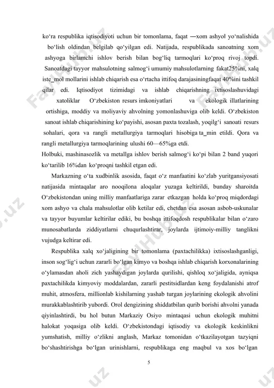 bilan o‘zaro munosabatlarda ziddiyatlarni chuqurlashtirar, joylarda ijtimoiy-milliy tanglikni vujudga keltirar edi. respublika xalq xo‘jaligining bir tomonlama (paxtachilikka) ixtisoslashganligi, inson sog‘lig‘i uchun zararli bo‘lgan kimyo va boshqa ishlab chiqarish korxonalarining o‘ylamasdan aholi zich yashaydigan joylarda qurilishi, qishloq xo‘jaligida, ayniqsa paxtachilikda kimyoviy moddalardan, zararli pestitsidlardan keng foydalanishi atrof muhit, atmosfera, millionlab kishilarning yashab turgan joylarining ekologik ahvolini murakkablashtirib yubordi. orol dengizining shiddatbilan qurib borishi ahvolni yanada qiyinlashtirdi, bu hol butun markaziy osiyo mintaqasi uchun ekologik muhitni halokat yoqasiga olib keldi. o‘zbekistondagi iqtisodiy va ekologik keskinlikni yumshatish, milliy o‘zlikni anglash, markaz tomonidan o‘tkazilayotgan tazyiqni bo‘shashtirishga bo‘lgan urinishlarni, respublikaga eng maqbul va xos bo‘lgan yo‘llarni belgilashga intilishning har qanday ko‘rinishi ―mahalliychilik‖, ―millatchilik‖ deb qaraldi va qattiqqo‘llik bilan barham toptirildi (hatto markazlashgan holda ajratiladigan mablag‘lar va resurslarni cheklashgacha borib etildi). mustabidchilik merosi va iqtisodiy tanglik oqibatlarini barham toptirish yuzasidan qatiy chora-tadbirlar ko‘rish o‘rniga vaqtli matbuotda, radio, televidenie va shu kabi vositalar orqali sovet jamiyatining ―muammolardan …
