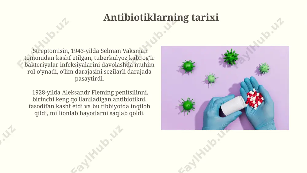 genlarga qarshi yuqori samaradorlik ko'rsatadi, ularning minimal inhibisyon konsentrasiyasi (mik) 0,125-4 mg/l oralig'ida bo'ladi. ba'zi florokinolonlar, xususan siprofloksasin va levofloksasin, bir qator bakterial fermentlarni, jumladan, topoizomeraza ii va iv ni inhibe qilish orqali ta'sir ko'rsatadi, bu esa dnk replikatsiyasi va hujayra bo'linishini to'xtatadi. antibiotiklarga allergik reaksiyalar antibiotiklarga allergiya rivojlanishining asosiy mexanizmi – immun tizimining antibiotik molekulalariga noto‘g‘ri javob berishi bo‘lib, bu ige antitellarining ishlab chiqarilishi va mast hujayralarining faollashuvi orqali sodir bo‘ladi, bu esa allergik reaksiyalarning turli xil namoyon bo‘lishiga olib keladi. penitsillinlar antibiotiklar guruhi orasida eng ko‘p allergik reaksiyalarni keltirib chiqaruvchi hisoblanadi, taxminan 10% dan ortiq bemorlarda allergik reaksiyalar kuzatiladi, shu sababli bemorning antibiotiklarga allergiyasi haqidagi tarixini aniqlash muhimdir. beta-laktam antibiotiklari beta-laktamalarning 4 asosiy guruhi mavjud: penitsillinlar, tsefalosporinlar, karbapenemlar va monobaktamlar, har biri oʻziga xos kimyoviy tuzilishi va bakteriyalar spektrini qamrab oladi. beta-laktamaza fermentlari baʼzi bakteriyalar tomonidan ishlab chiqariladi va beta-laktam antibiotiklarining taʼsirini kamaytiradi; shu sababli, beta-laktamaza inhibitörlari bilan …
