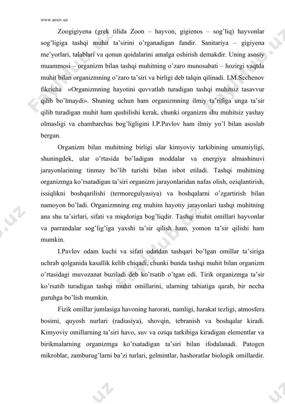 ha guruhga bo’lish mumkin. fizik omillar jumlasiga havoning harorati, namligi, harakat tezligi, atmosfera bosimi, quyosh nurlari (radiasiya), shovqin, tebranish va boshqalar kiradi. kimyoviy omillarning ta’siri havo, suv va oziqa tarkibiga kiradigan elementlar va birikmalarning organizmga ko’rsatadigan ta’siri bilan ifodalanadi. patogen mikroblar, zamburug’larni ba’zi turlari, gelmintlar, hashoratlar biologik omillardir. bular organizmga ta’sir qilar ekan infeksion yoki parazitar kasalliklarni keltirib chiqaradi. hozirgi vaktda zoogigiyena fanining rivojlanishida bir- biriga chambarchas bog’langan asosiy uchta vazifani ajratib ko’rsatish mumkin; 1. hayvonlarni mahsuldorligini, tabiiy chidamlilik qobiliyatini oshirish uchun ularning turiga, yoshiga qarab optimal sharoitlarni yaratish. 2. yuqumli va yuqumsiz kasalliklarni ayniqsa antropozoonoz kasalliklar oldini olish xamda ulardan olinadigan maxsulotning sifatini yaxshilash buyicha chora tadbirlarni ishlab chiqish 3. tashqi muhitni chorvachilik chiqindilarni bilan ifloslanishini oldini olish. zoogigiyena fanini o’rganish usullari. 1. fizik usul - havoning harorati, nisbiy namligi, bosimi, harakat tezligi, yorug’ligi, tuproqning g’ovakligi, shimuvchanligi va x.k.larni aniqlash. 2. kimiyoviy usul - havoning, suvning, tuproqning va ozuqalarning …