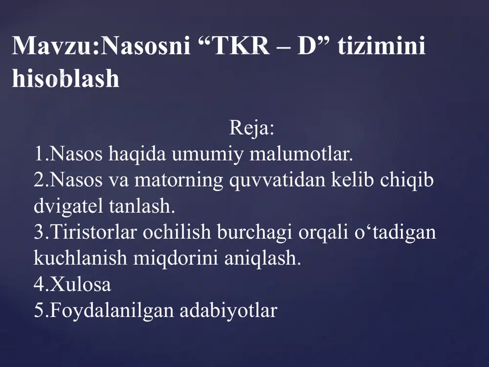 h sxemasi: 1 – hovuz; 2 – nasos; 3 – dvigatel; 4 – zadvijka; 5 – bak; h1 (hv) - so’rish balandligi; h2 (hn) – gidrostatik bosim, h3 – zadvijka, ventil, trubalardagi bosim yo’qatilishi; h4 – erkin bosim, trubalardan suvni oqib ketish tezligiga mos keladi nasos quvvati quyidagi formula yordamida hisoblanishi mumkin matorning quvvati quyidagi formula yordamida hisoblanishi mumkin /=9,84/0,8=12,3 kvt matorning quvvati asosida pm quvvatdan kelib chiqib dvigatel tanlaymiz. tipi aip160s4 quvvati p=15 kvt nominal aylanish tezligi n=1500 ayl/min nominal toki i=30 a f.i.k=89,4 % nominal momenti 98,116 nm inersiya momenti j=0.06kg tanlangan dvigatel parametrlari elektr dvigateli 15 kvt, 1500 ayl/min – air160s4 tkr – ad tizimli eyni funksional sxemasi: vs1–v10 – tiristorlar; bu – boshqarish bloke; m – asinxron dvigatel; br – taxogenerator; r2d – qoshimcha qashilik; uy va uz – boshqarish va topshiriq kuchlanishlari. tiristorlar ochilish burchagi orqali o‘tadigan kuchlanish miqdori quyidagicha aniqlanadi. bu yerda:-maksimal fazaviy kuchlanish …