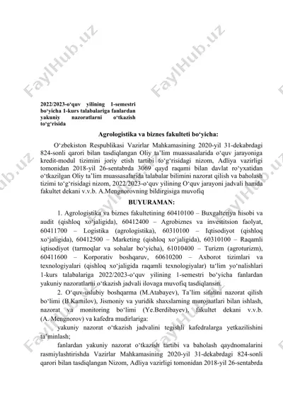 fanlardan yakuniy nazoratlar jadvali — DOCX